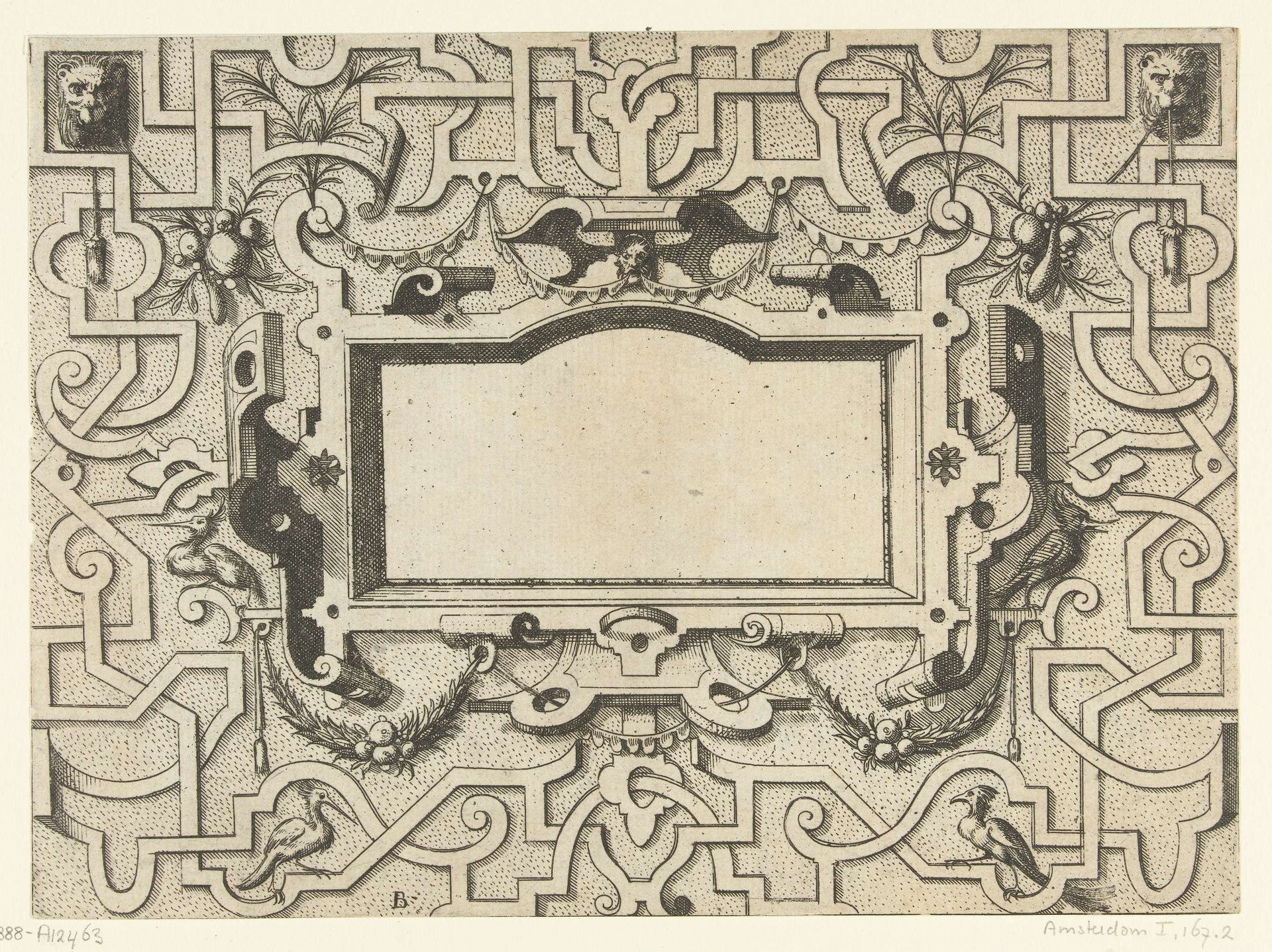 Cartouche omgeven door moresken, in de linker en rechter bovenhoek hangt een mascaron by Johannes of Lucas van Doetechum