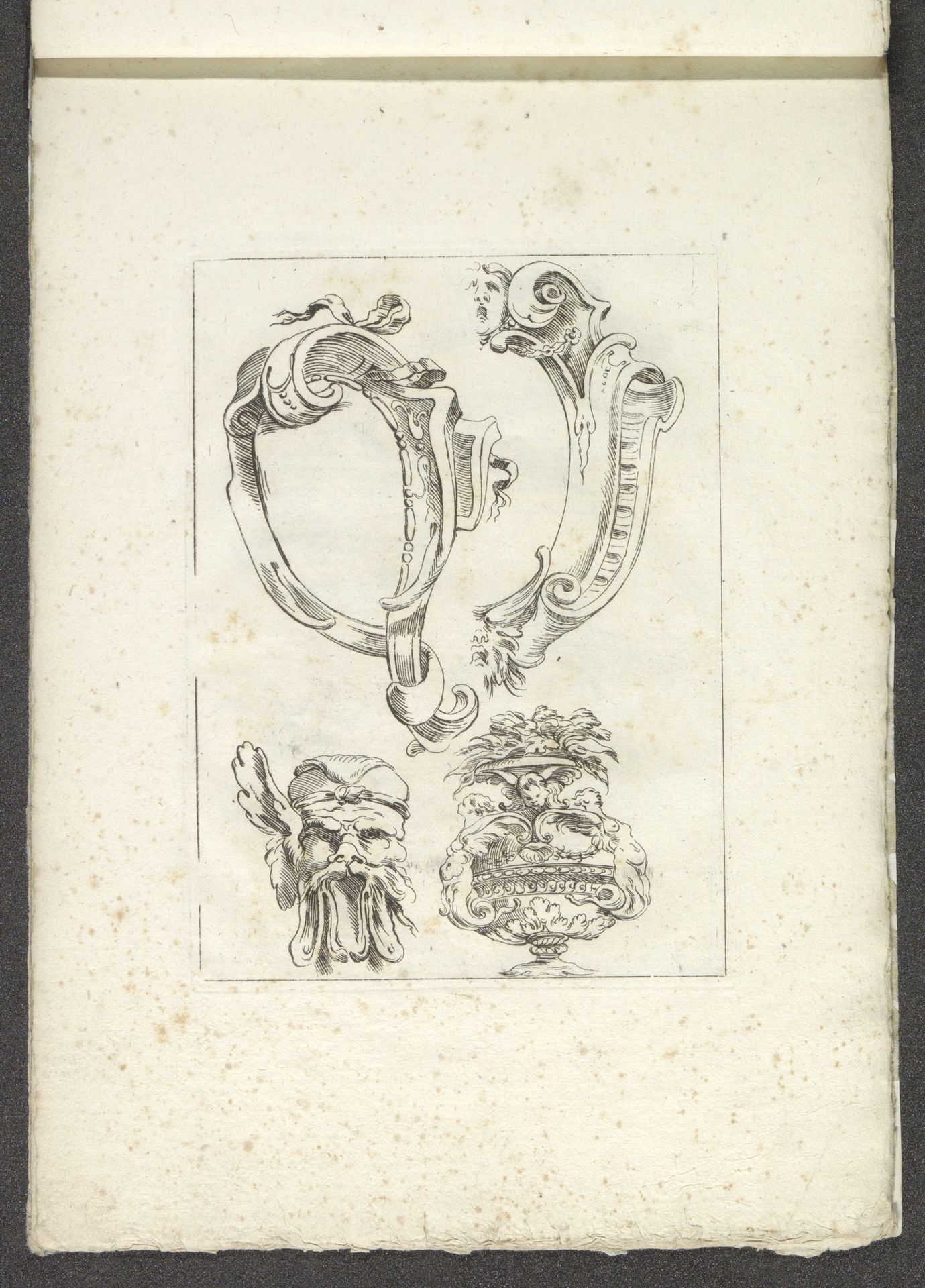 Twee cartouches, een ornamentkop en een vaas by Giuseppe Maria Mitelli