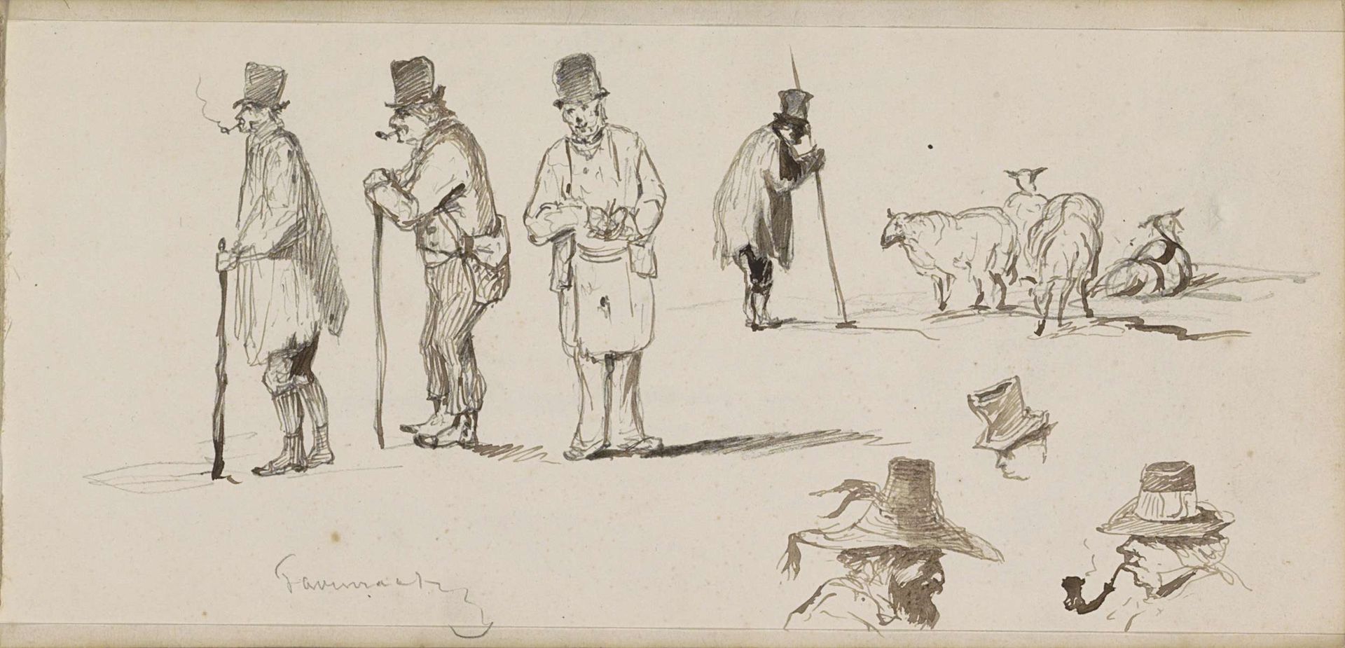 Mannen met hoge hoeden en wandelstokken, mannenkoppen en een schapenherder by Johannes Tavenraat