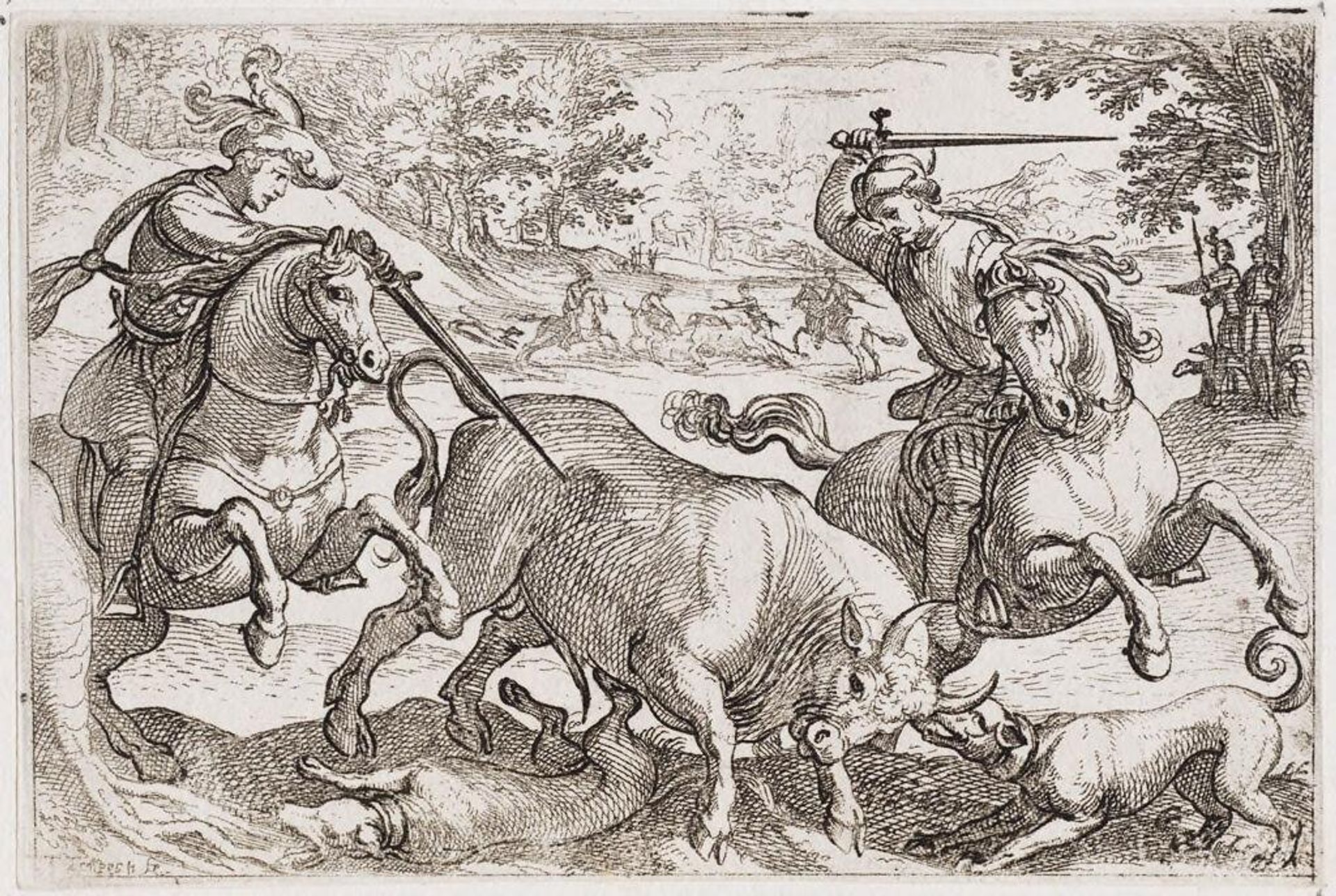 Two Men on Horseback and Dogs Killing a Bull by Antonio Tempesta