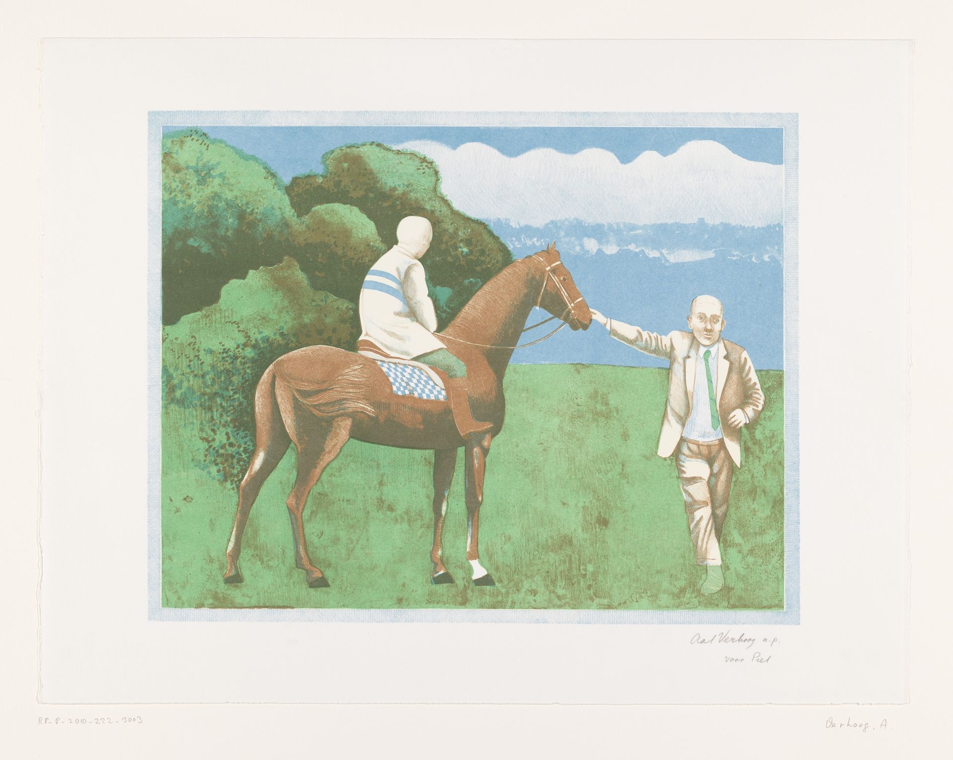 Man in pak en ruiter te paard by Aat Verhoog