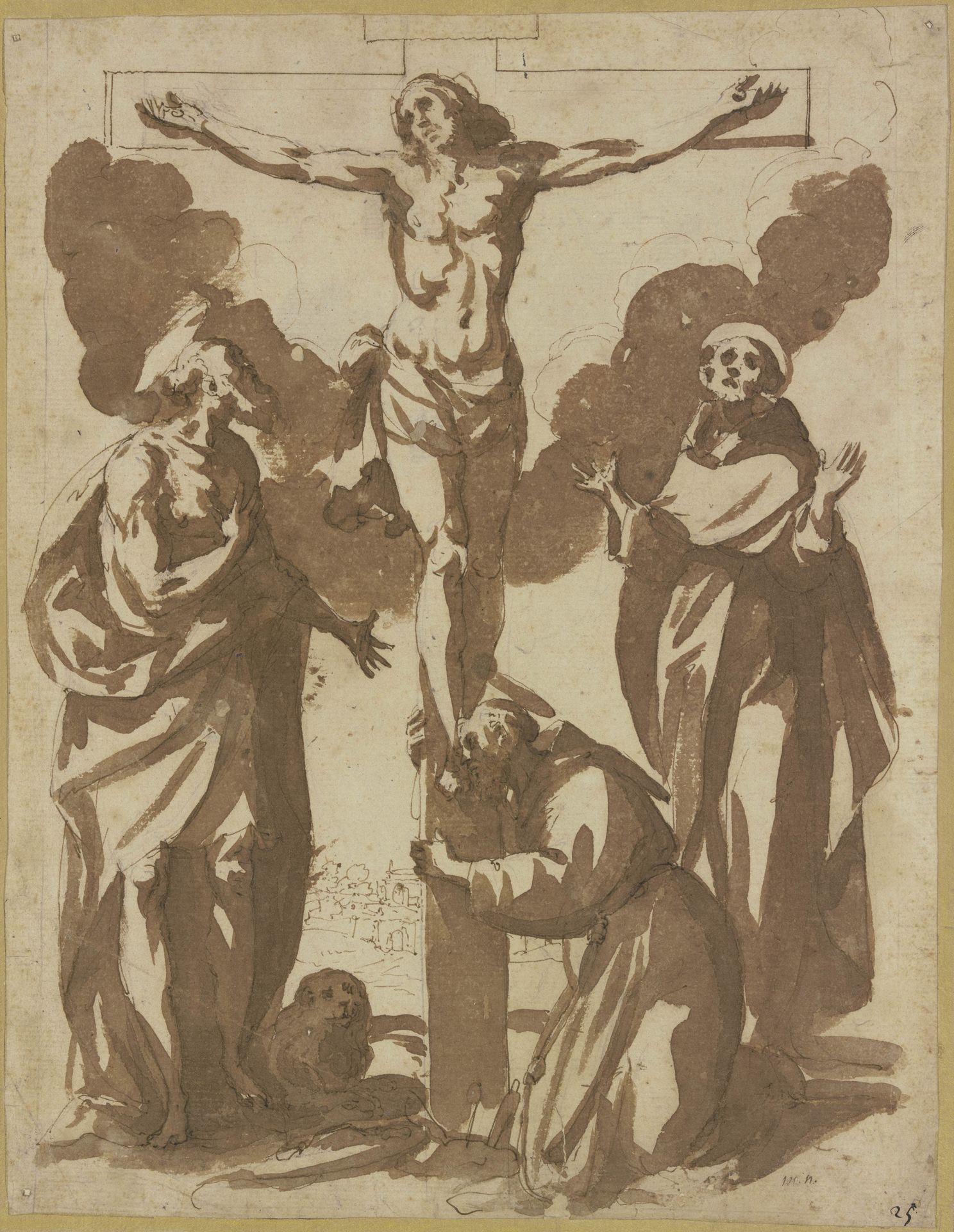 Christus am Kreuze, dabei die Heiligen Hieronymus, Franziskus und Antonius by Francesco Allegrini