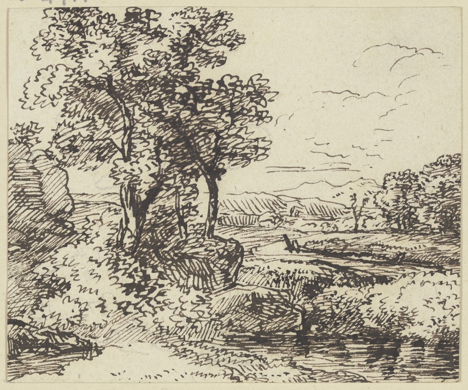 Landschaft mit Gewässer und Bäumen by Franz Kobell