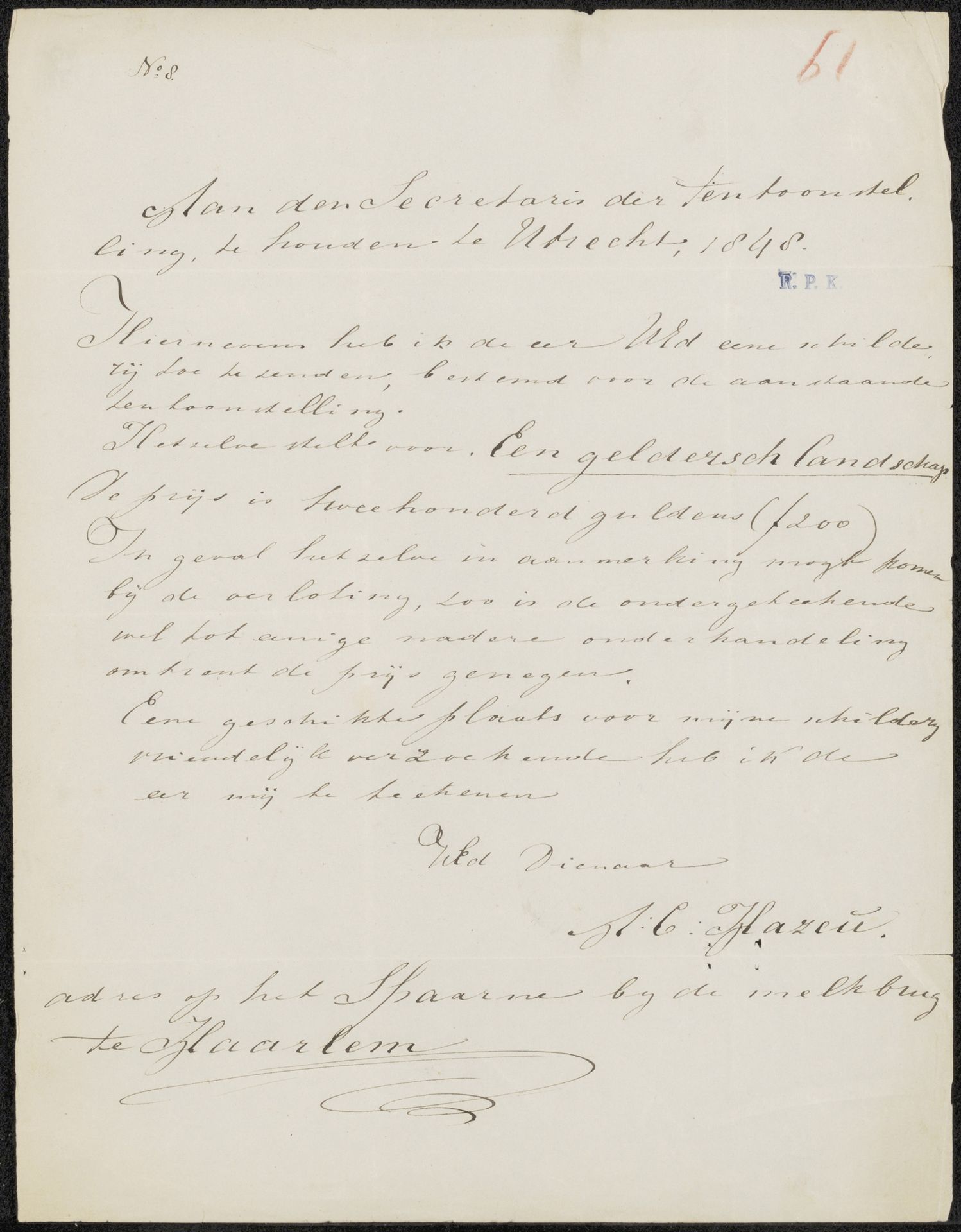 Brief aan de secretaris van de tentoonstelling te houden in Utrecht, 1848 by Arend Cornelis Hazeu