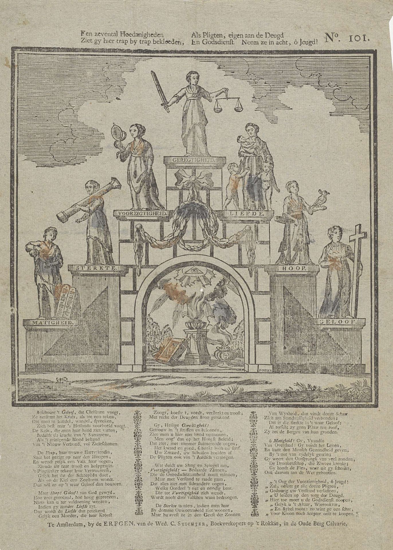 Een zevental hoedanigheden / Ziet gy hier trap by trap bekleden, / Als pligten, eigen aan de deugd / En Godsdienst neem ze in acht, ô jeugd! by A. Robyn
