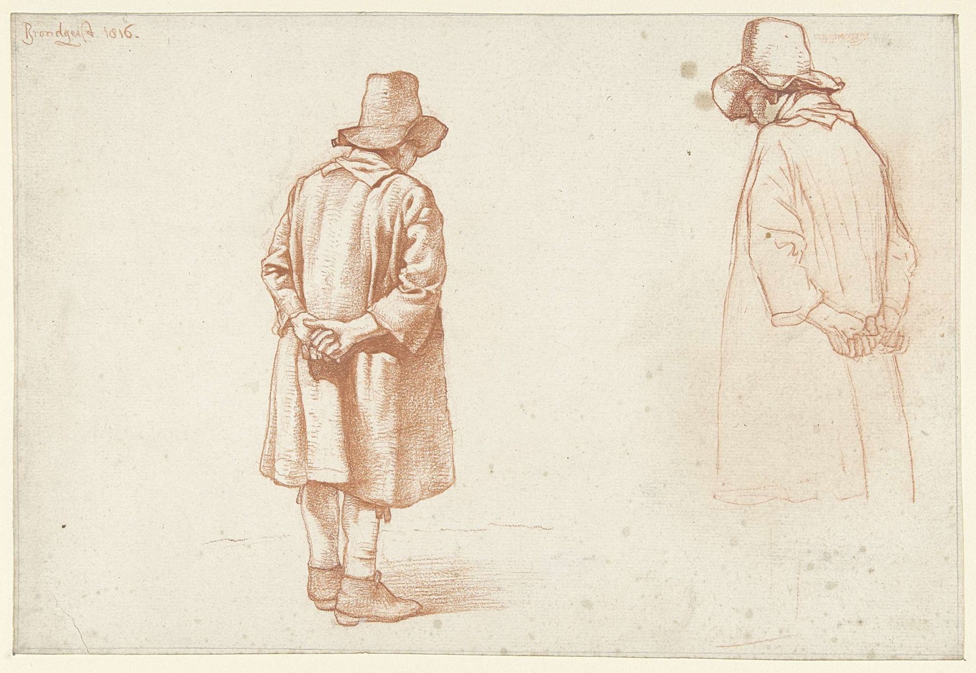 Twee studies van een staande man, de handen op de rug by Albertus Brondgeest