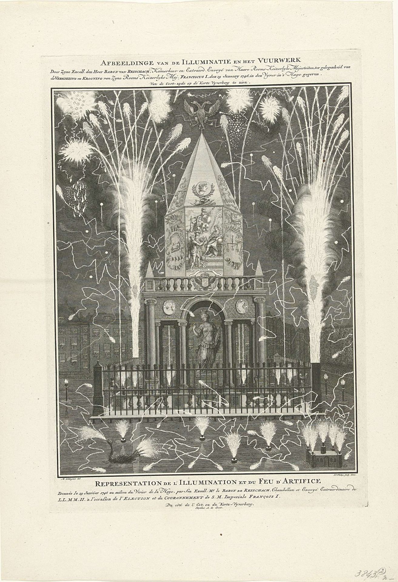 Vuurwerk op de Hofvijver ter ere van de kroning van keizer Frans I Stefan, 1746 by Jan Caspar Philips