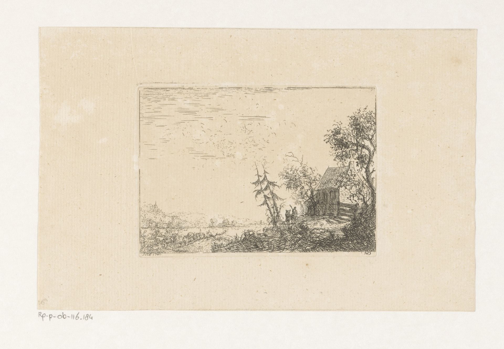 Landschap met rechts een huis en een dorp in de verte by Christian Ludwig von Hagedorn