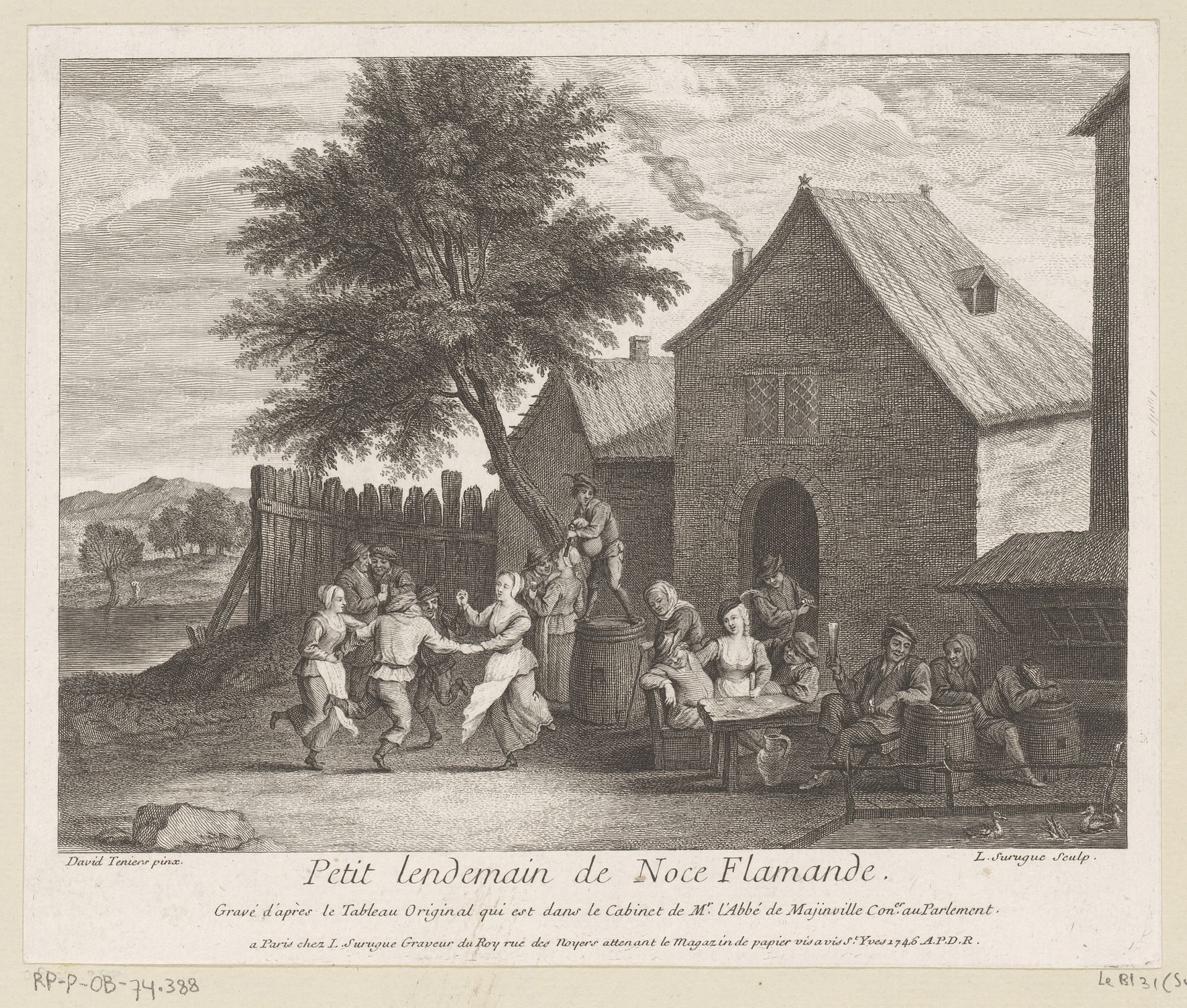Vlaams dorpsgezicht met feestend gezelschap voor een herberg by Louis Surugue