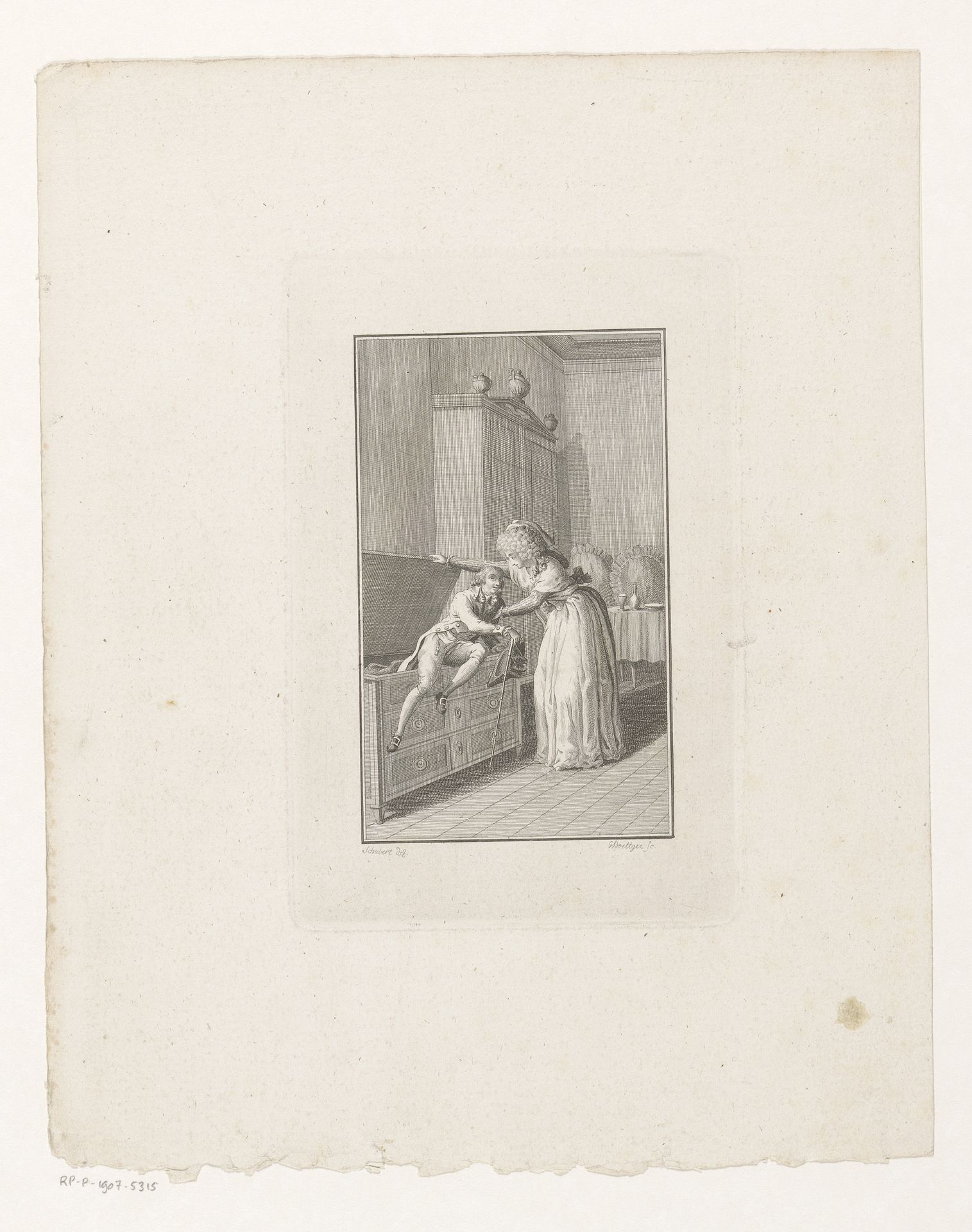 Jonge vrouw verstopt haar geliefde in een kist by Johann Gottlieb Boettger