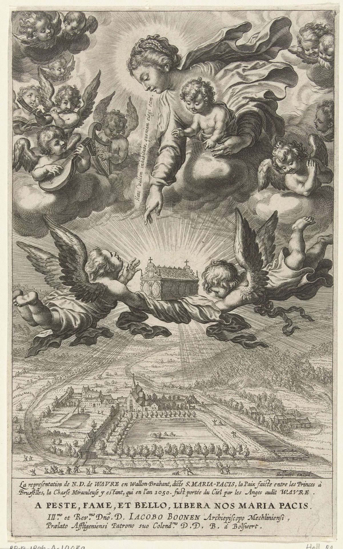 Maria met Kind en engelen met reliekschrijn in hemel boven de kerk Notre-Dame te Wavre by Boëtius Adamsz. Bolswert