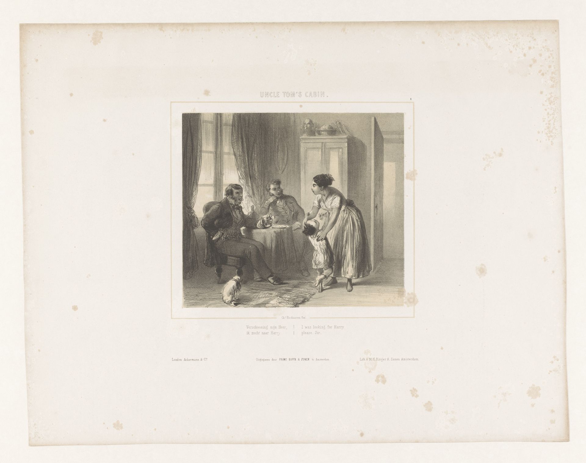 Eliza met kind en mannen in interieur by Charles Rochussen