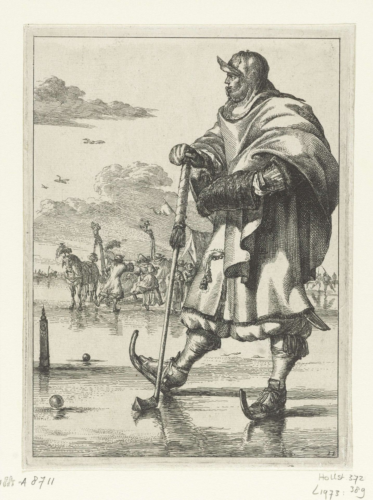 Figures à la mode no 11: Kolfspeler op het ijs by Romeyn de Hooghe