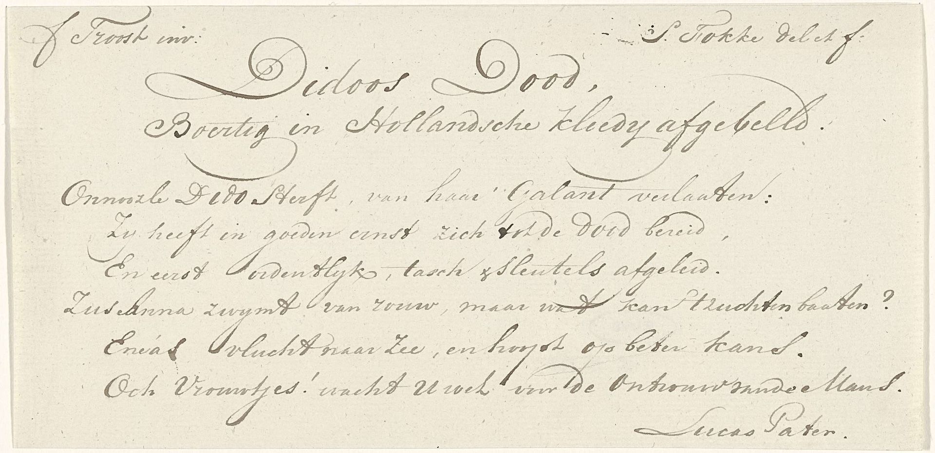 Handgeschreven onderschrift voor prent "De dood van Dido" by Lucas Pater