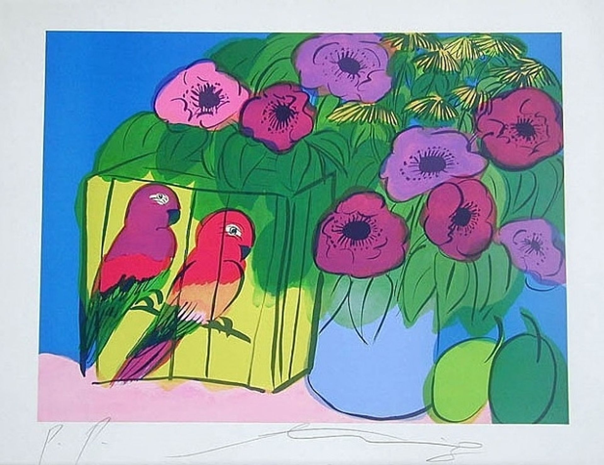 Parrots with Flowers by Walasse Ting