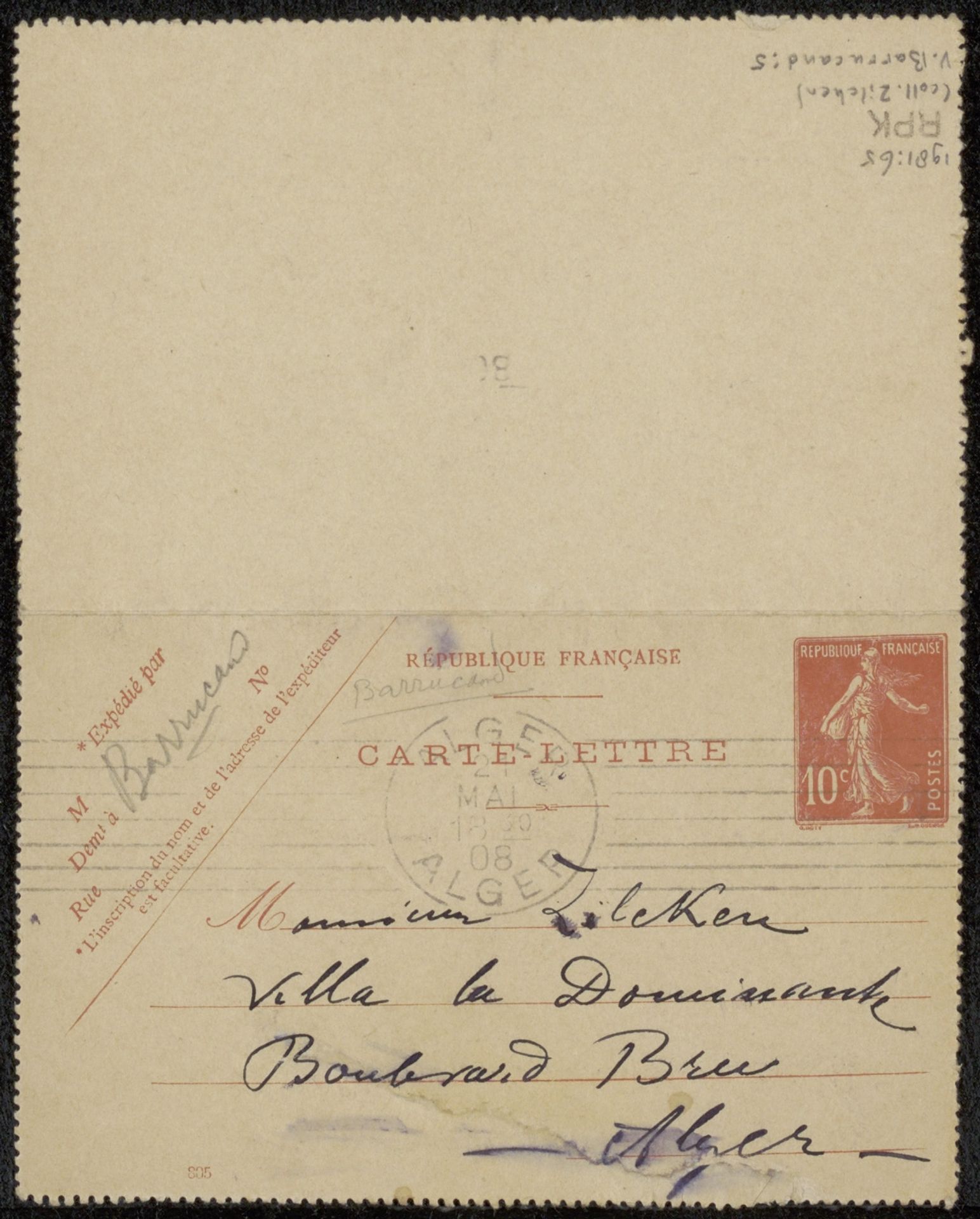 Briefkaart aan Philip Zilcken by Victor Barrucand