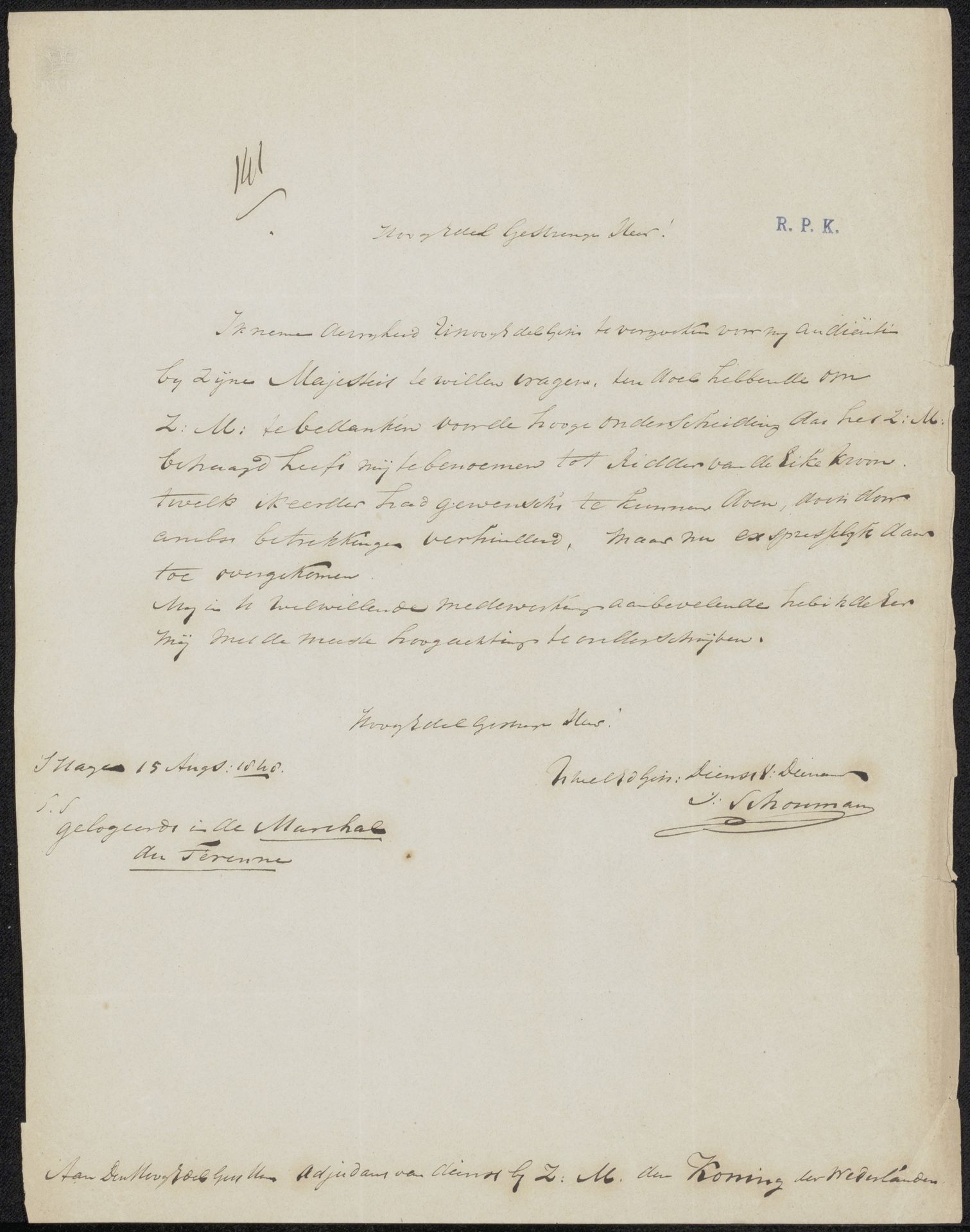 Brief aan de adjudant van Willem II (koning der Nederlanden) by Izaak Schouman