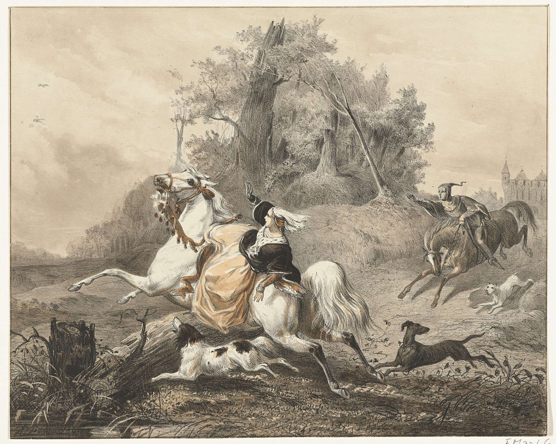 Maria van Bourgondië valt van haar paard, 1482 by P. (Steendrukkerij van) Blommers