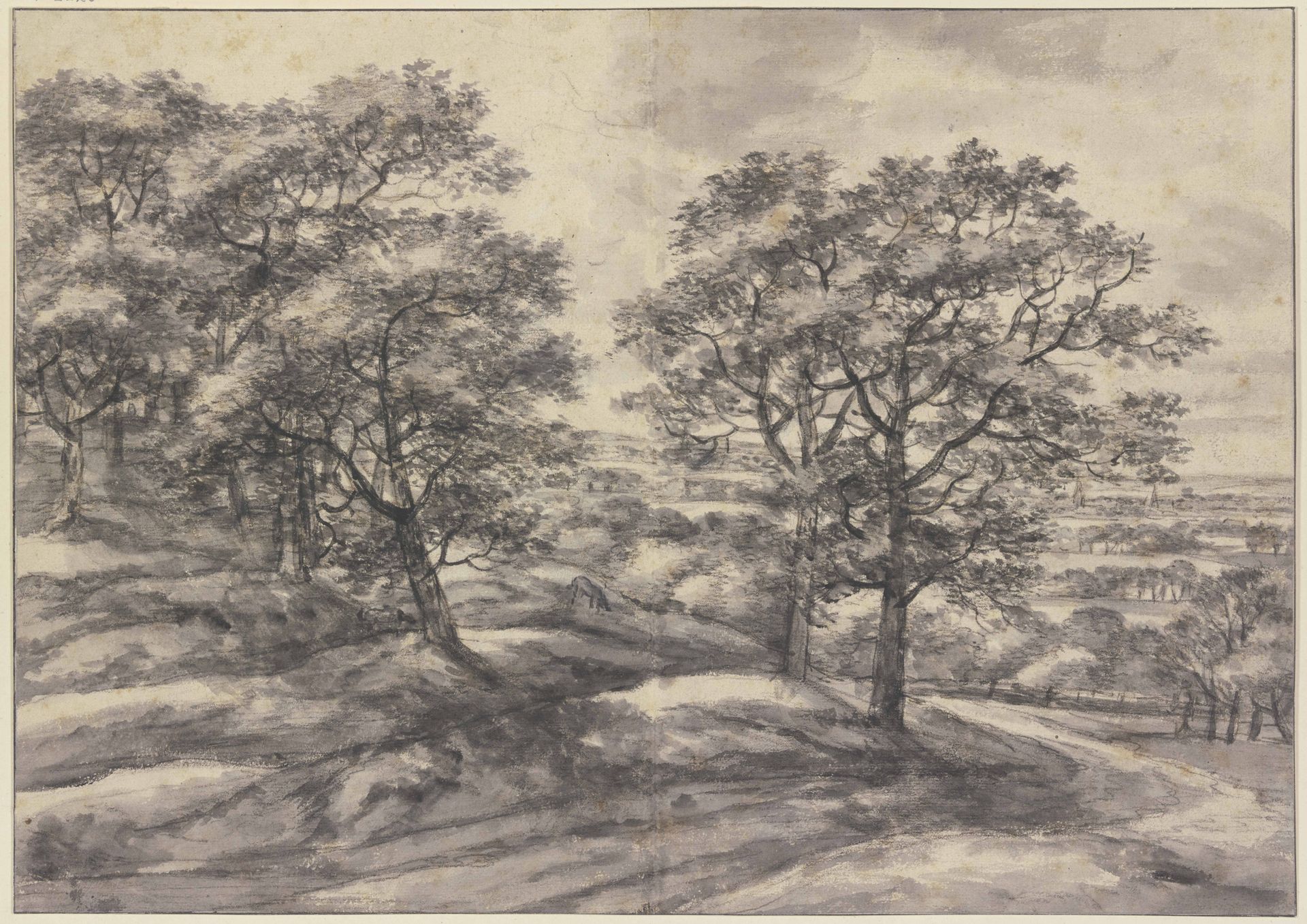 Unter Eichbäumen weidet ein Pferd, im Hintergrund eine Ebene mit einem Dorf by Anthonie Waterloo