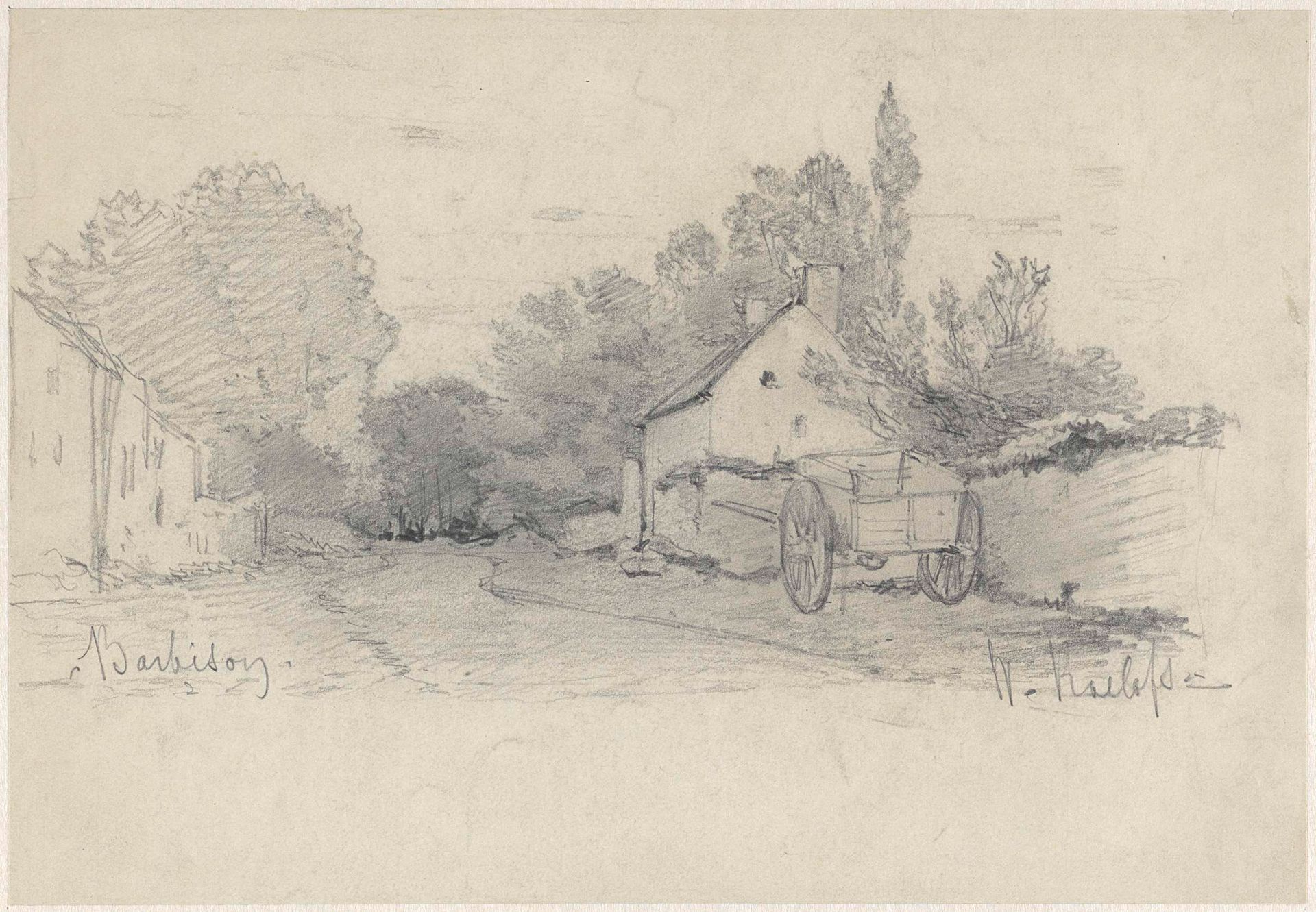 Gezicht op een straatje met een kar in Barbizon by Willem Roelofs