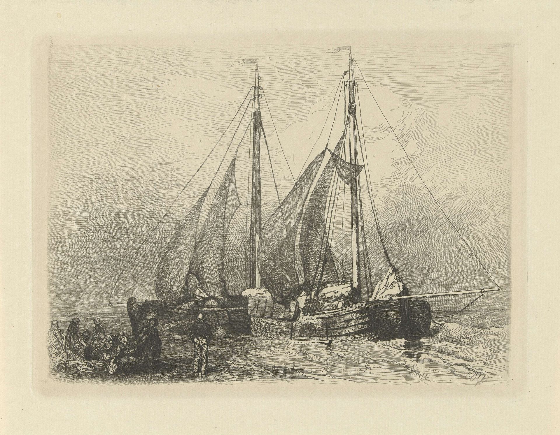 Zeilschepen aan een strand by Charles Rochussen