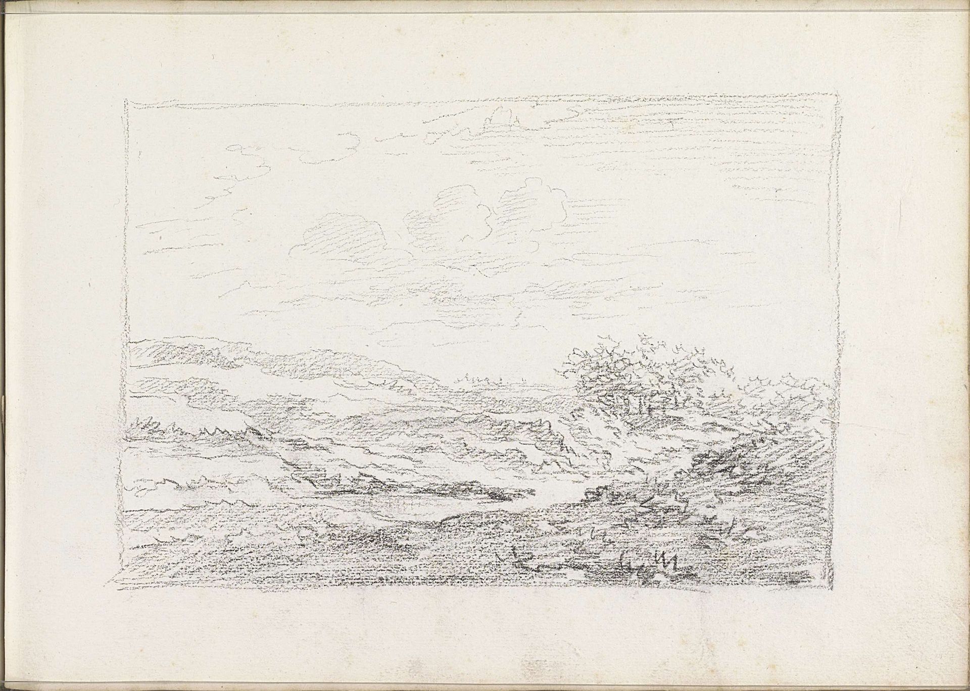 Heuvellandschap met bomen en struiken by Andreas Schelfhout
