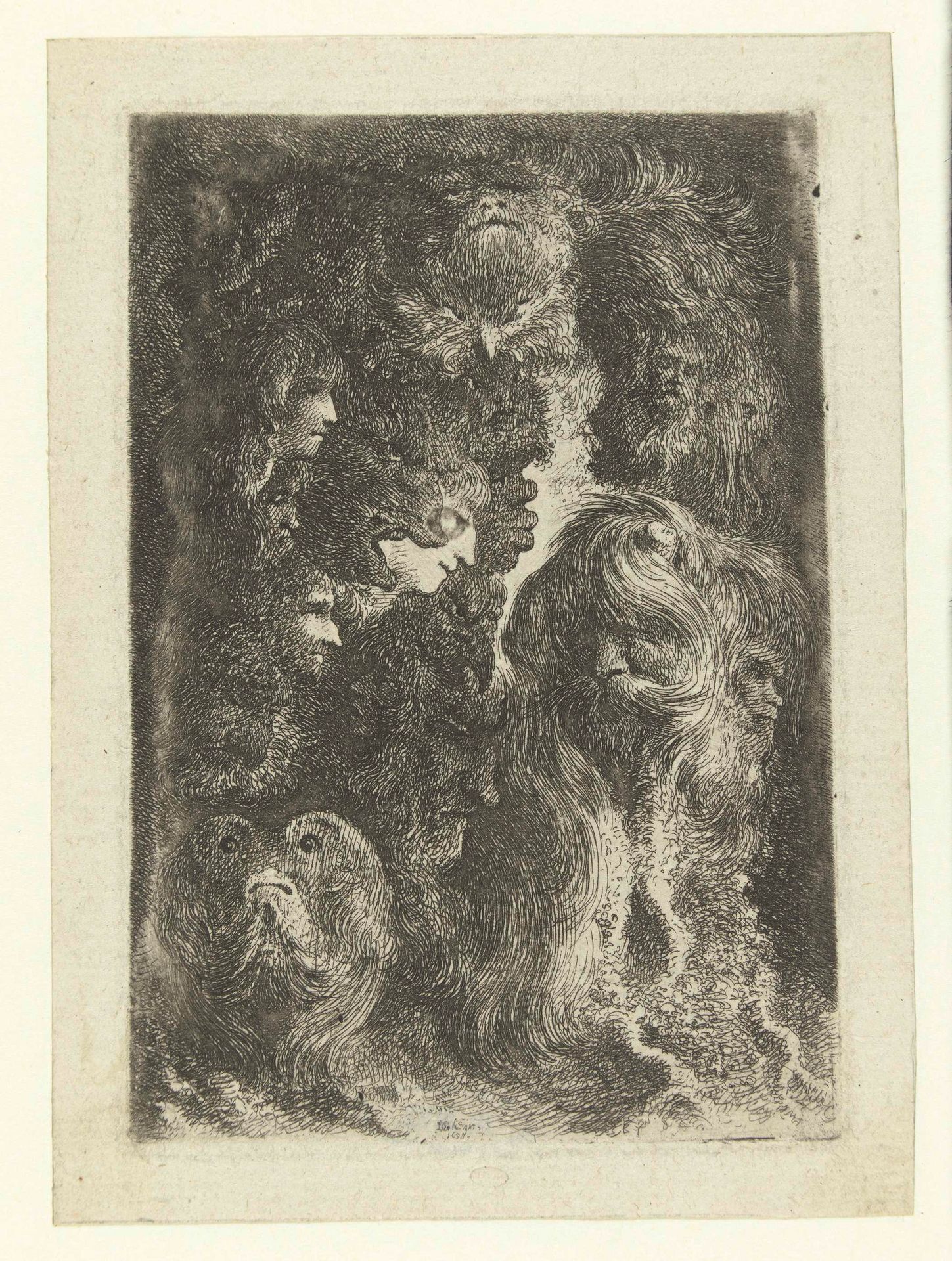 Veertien verschillende koppen van mannen, vrouwen, dieren en mascarons by Bartholomeus Breenbergh