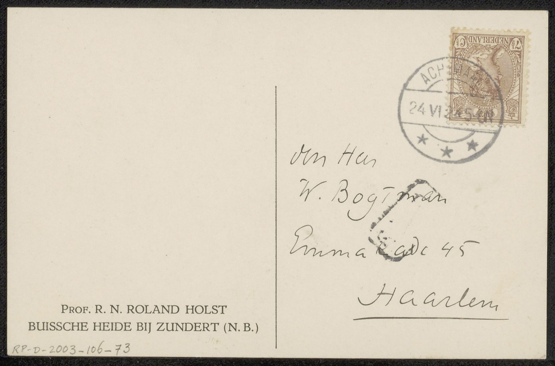 Briefkaart aan Willem Bogtman by Richard Nicolaüs Roland Holst