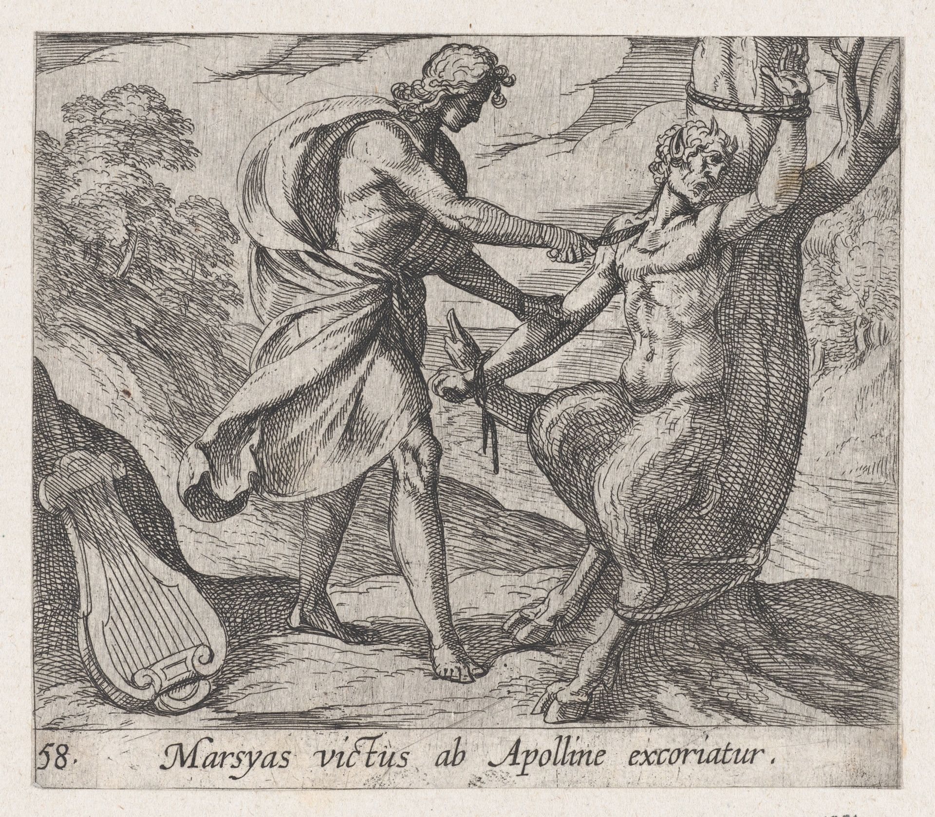 Plate 58: Apollo Killing Marsyas (Marsyas victus ab Apolline excoriatur), from Ovid's 'Metamorphoses' by Antonio Tempesta