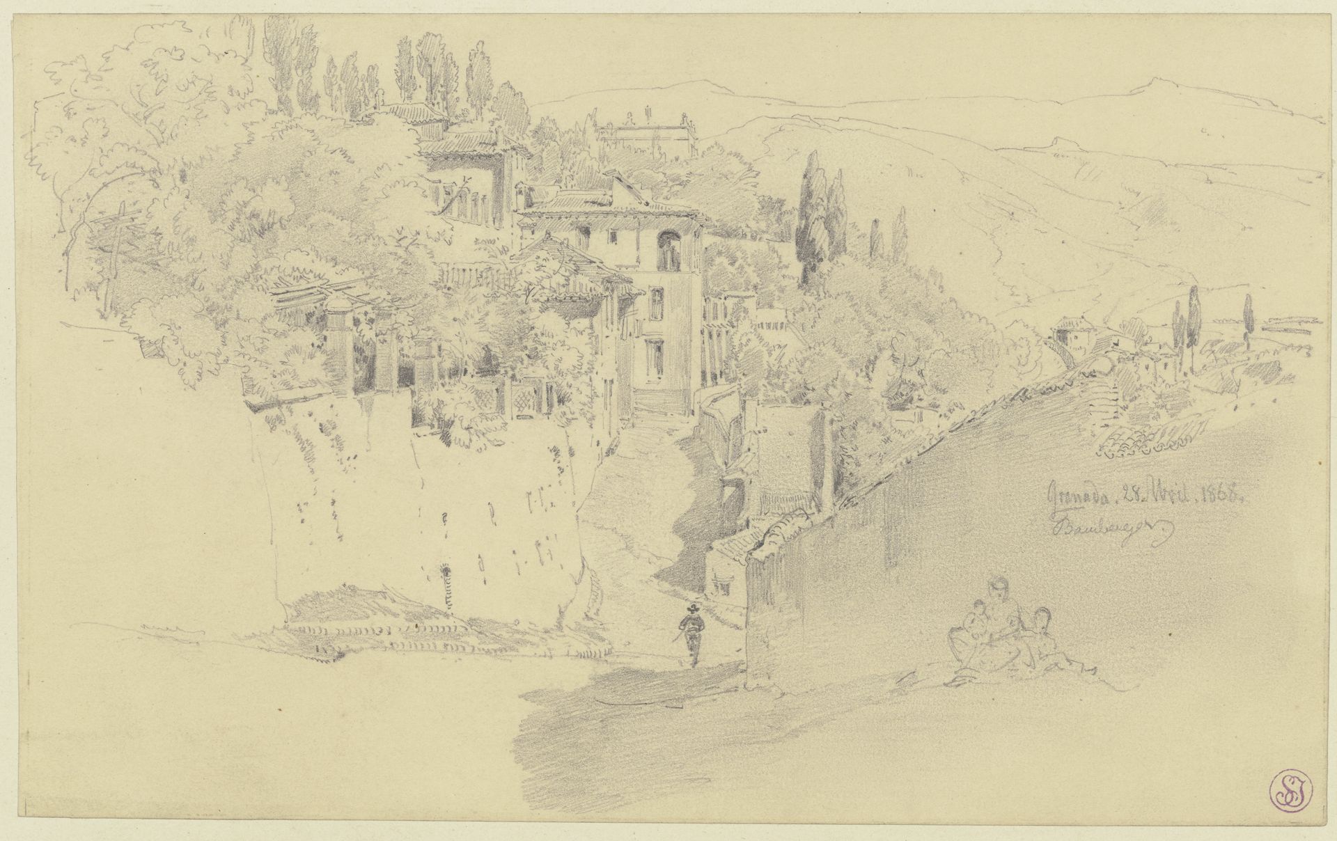 Straßenzug in Granada, im Vordergrund an eine Mauer gelehnt eine Mutter mit zwei Kindern by Fritz Bamberger