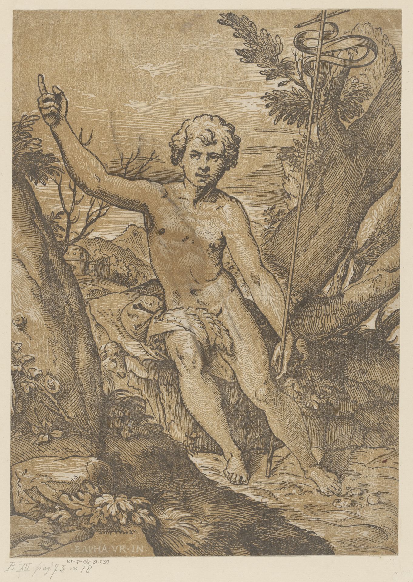 Johannes de Doper in de wildernis by Ugo da Carpi