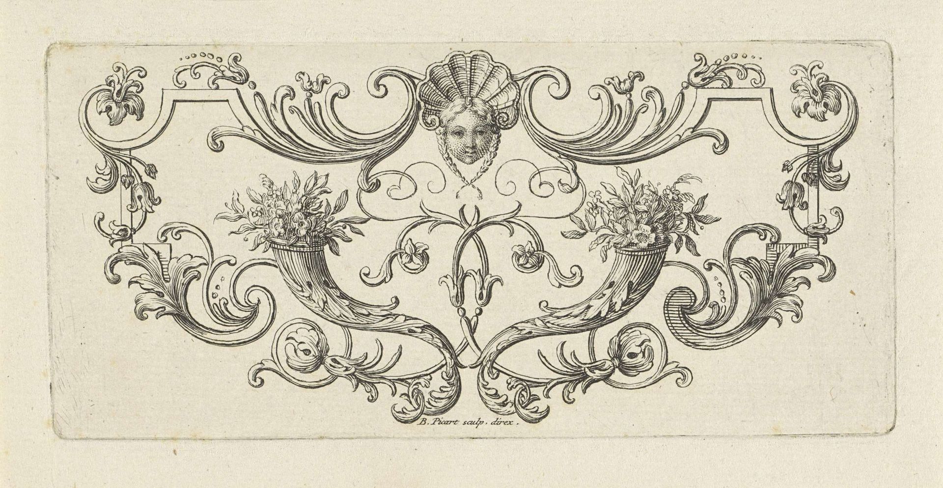 Ornament met mascaron en hoornen des overvloeds by Bernard Picart