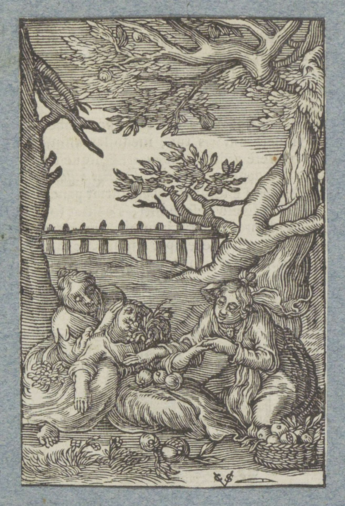 Twee vrouwen ontfermen zich over kind met vruchten en bloemen by Christoffel van (II) Sichem