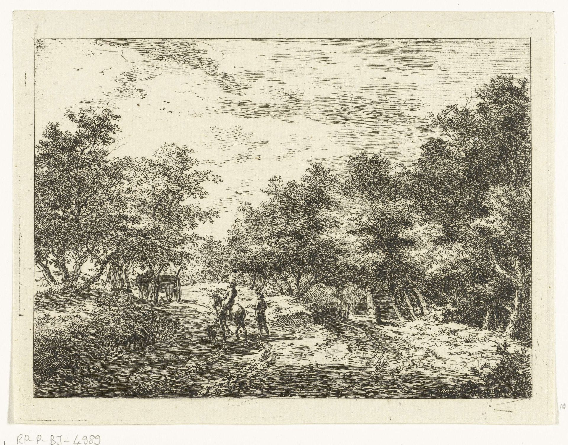 Pad door het bos met wagen, wandelaar en ruiter by Hermanus van Brussel