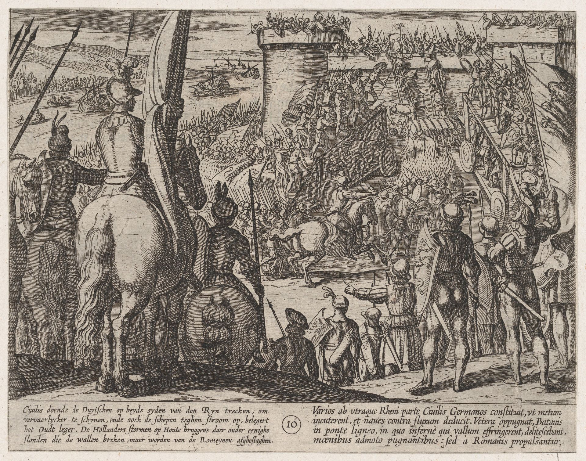 Plate 10: Civilis using Movable Wooden Bridges to Attack the Fortress, from The War of the Romans Against the Batavians (Romanorvm et Batavorvm societas) by Antonio Tempesta