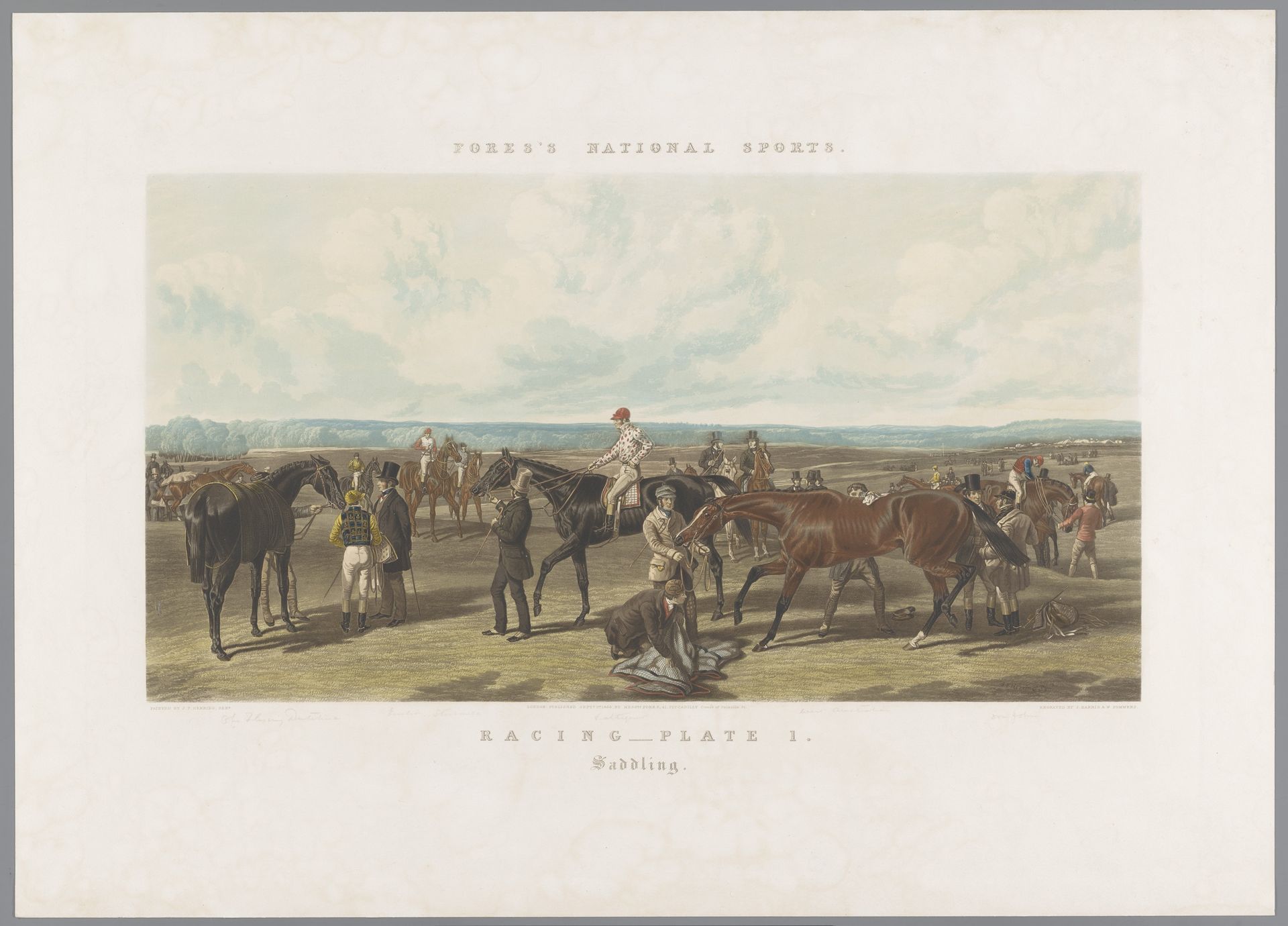 Paarden worden opgezadeld voor de race by John Harris