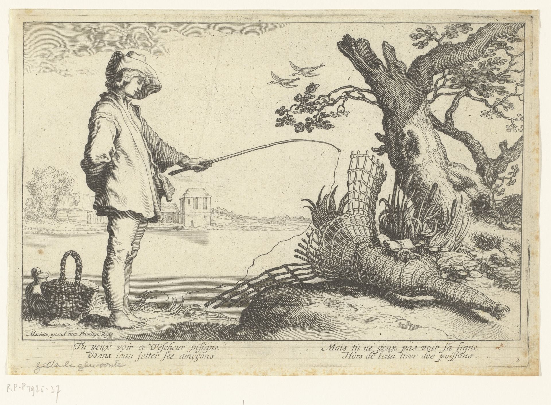 Hengelaar bij boom en fuik by Cornelis Bloemaert