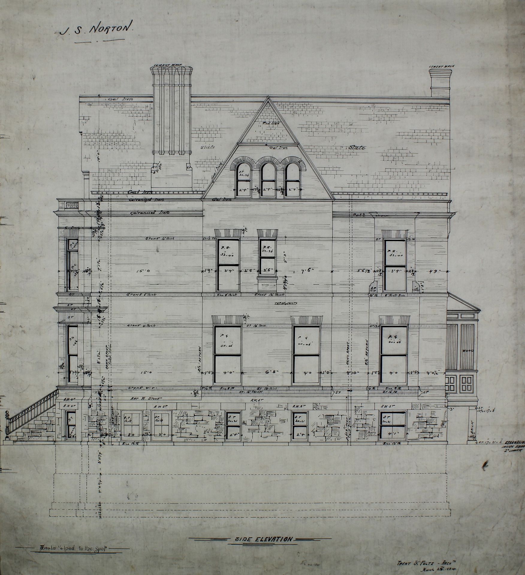 James S. Norton House, Chicago, Illinois, Side Elevation by Treat & Foltz