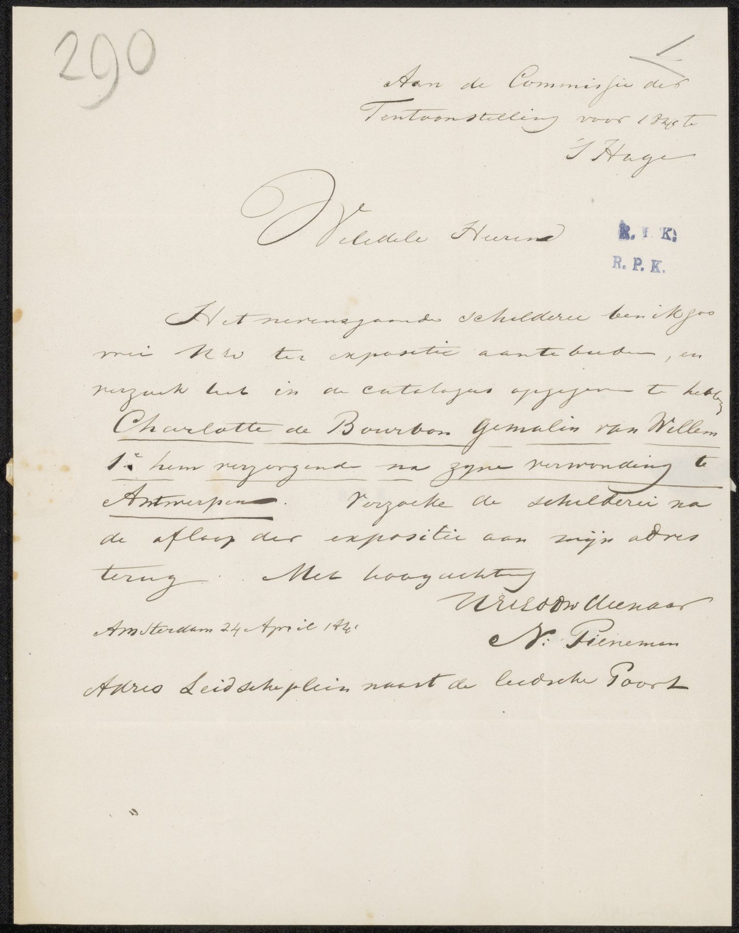 Brief aan de Commissie van de Tentoonstelling van Levende Meesters in Den Haag by Nicolaas Pieneman