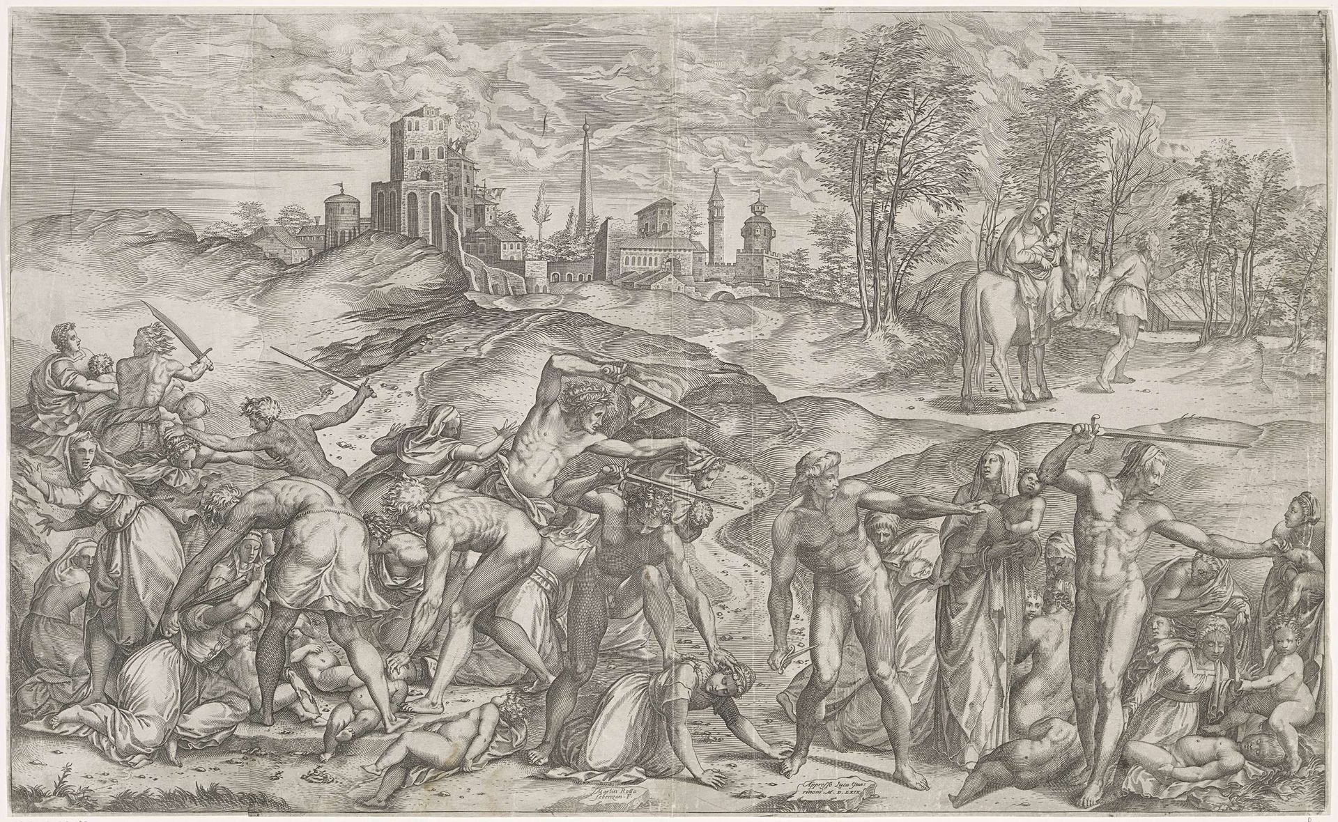 Kindermoord te Betlehem en de vlucht naar Egypte by Martino Rota