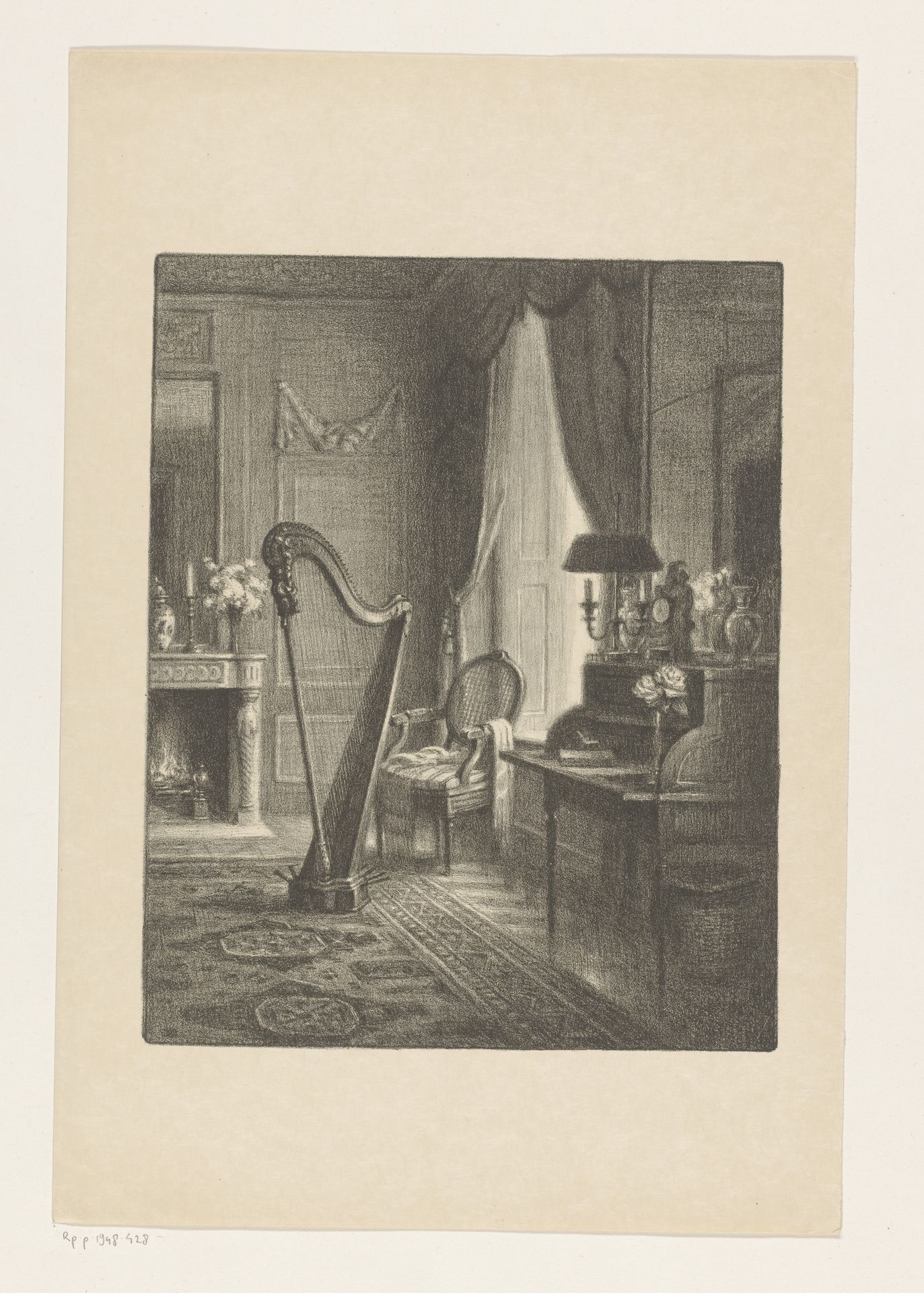 Interieur met haard, secretaire en harp by René Janssens
