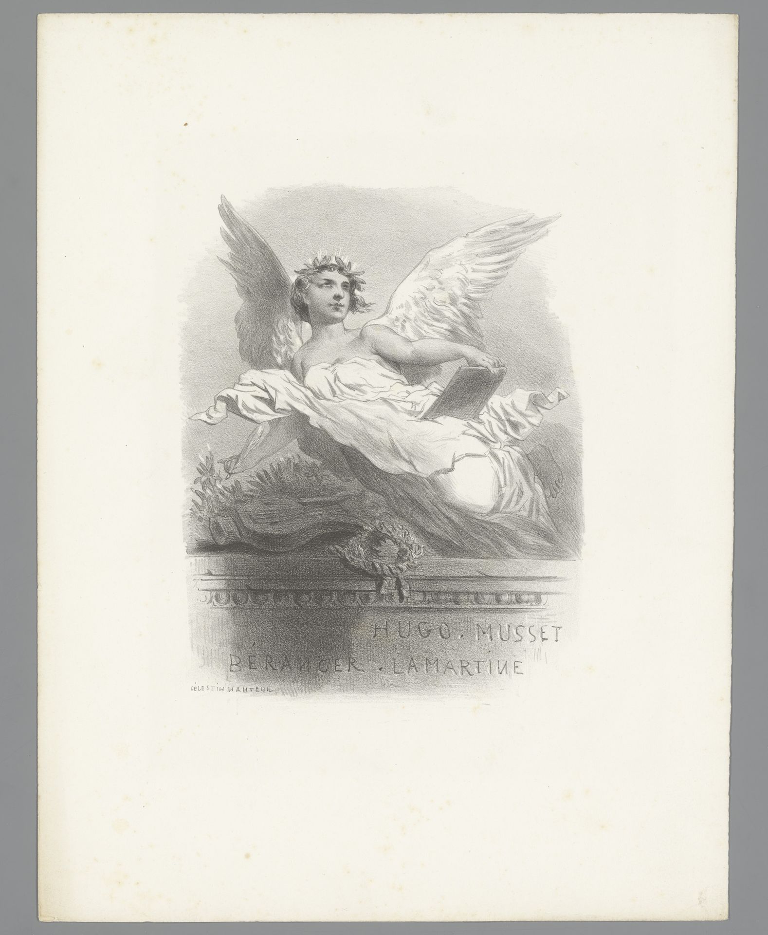 Engel zwevend boven een monument voor Victor Hugo, Alfred de Musset, Pierre-Jean de Béranger en Alphonse de Lamartine by Célestin Nanteuil