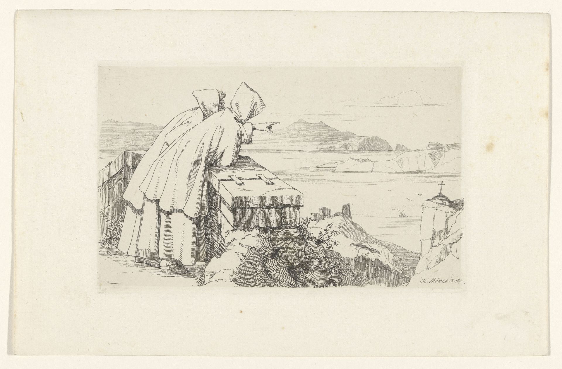 Twee monniken uitkijkend over de Golf van Napels by Heinrich Karl Anton Mücke