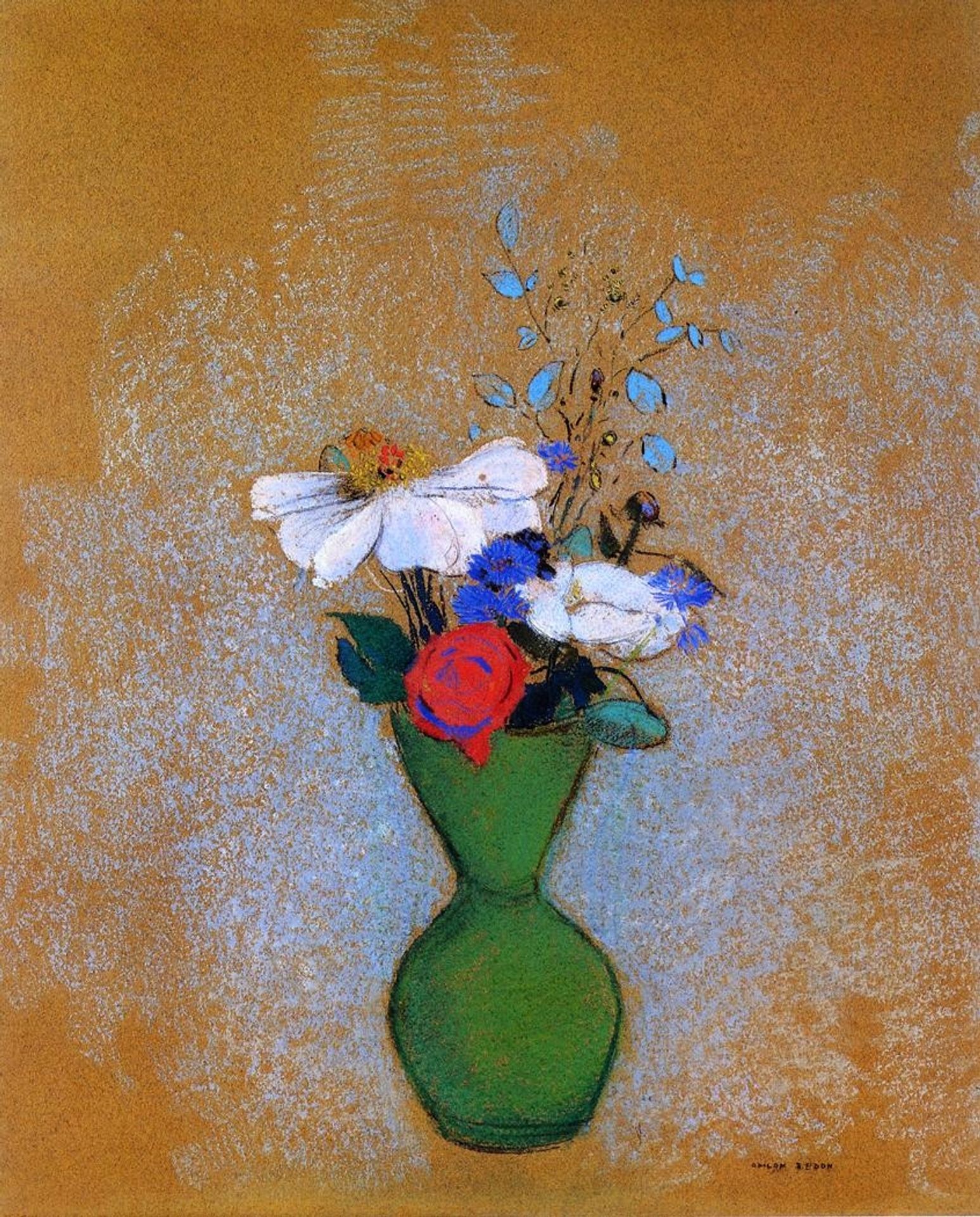 Rose, Peony and Cornflowers in a Green Vase by Odilon Redon