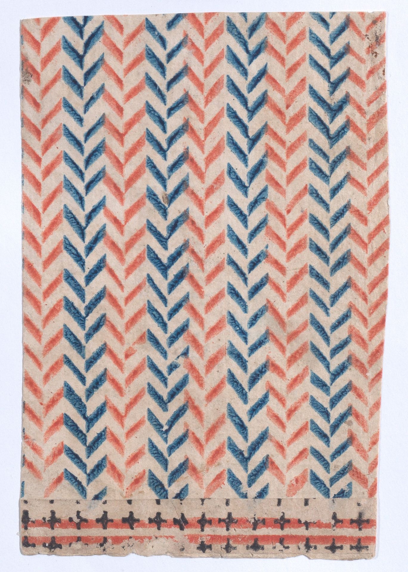 Sheet with overall orange and blue geometric pattern by Anonymous