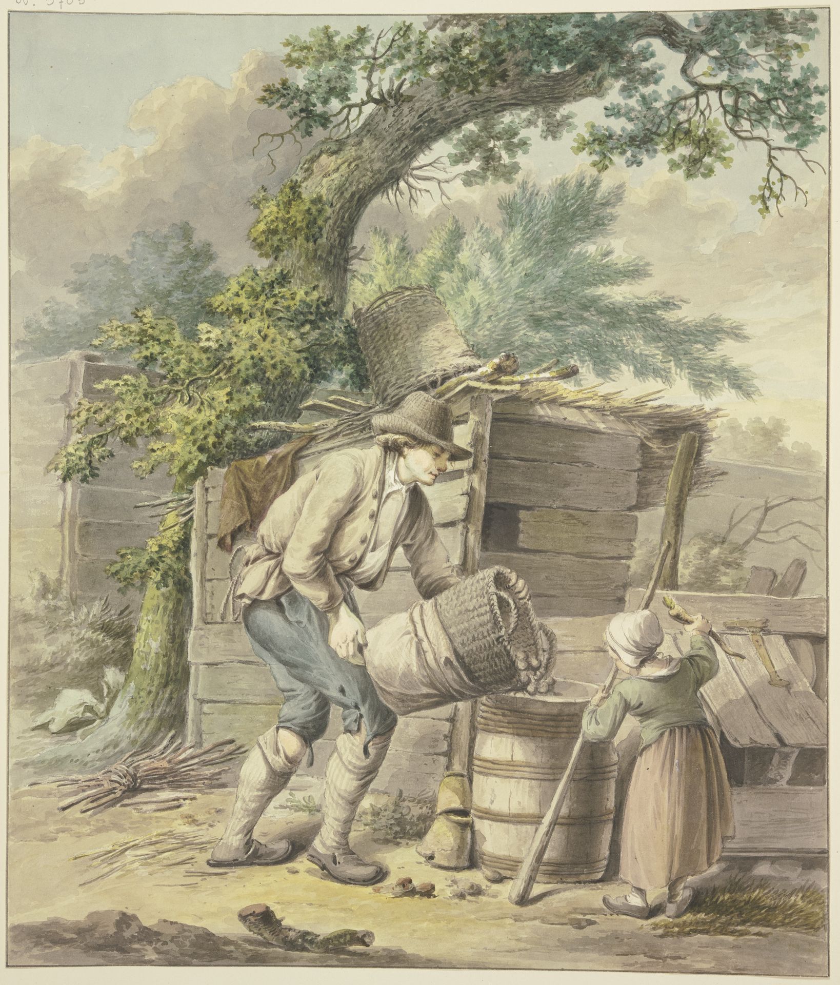 Ein Bauer schüttet Kartoffeln in ein Faß, dabei hilft ein Kind by Pieter Bartholomeusz. Barbiers