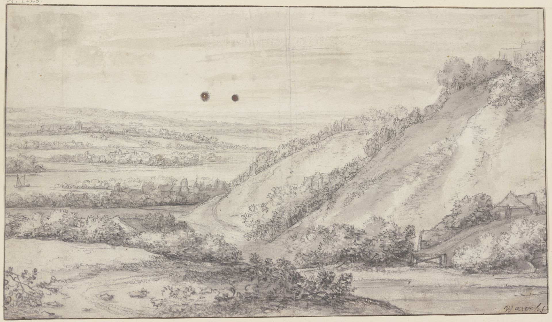 Rechts ein Bergabhang mit mehreren Gebäuden, in der Ferne ein Fluß, viele Ortschaften im Gebüsch by Anthonie Waterloo