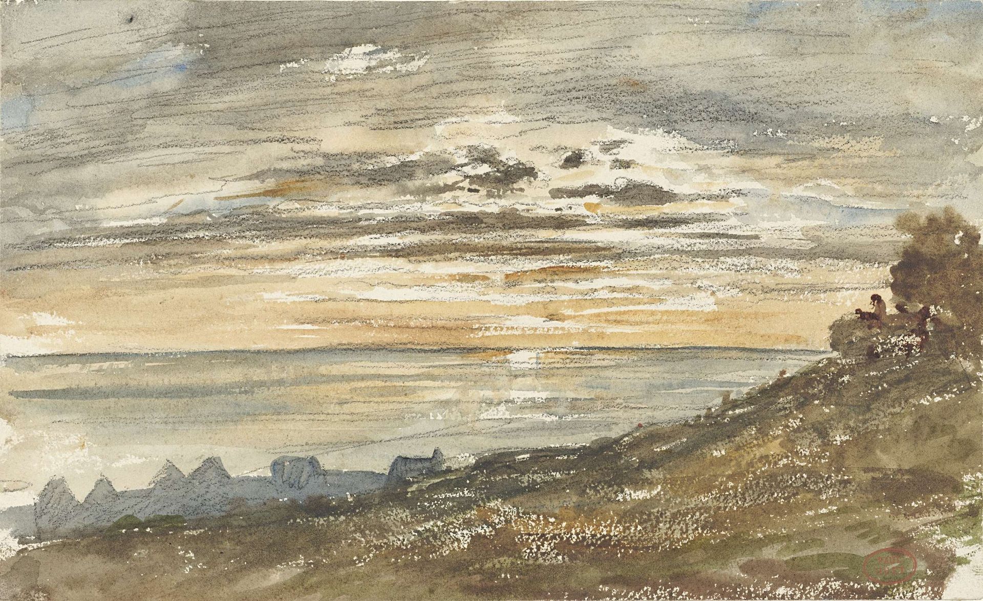 Ondergaande zon te Trouville by Paul Huet