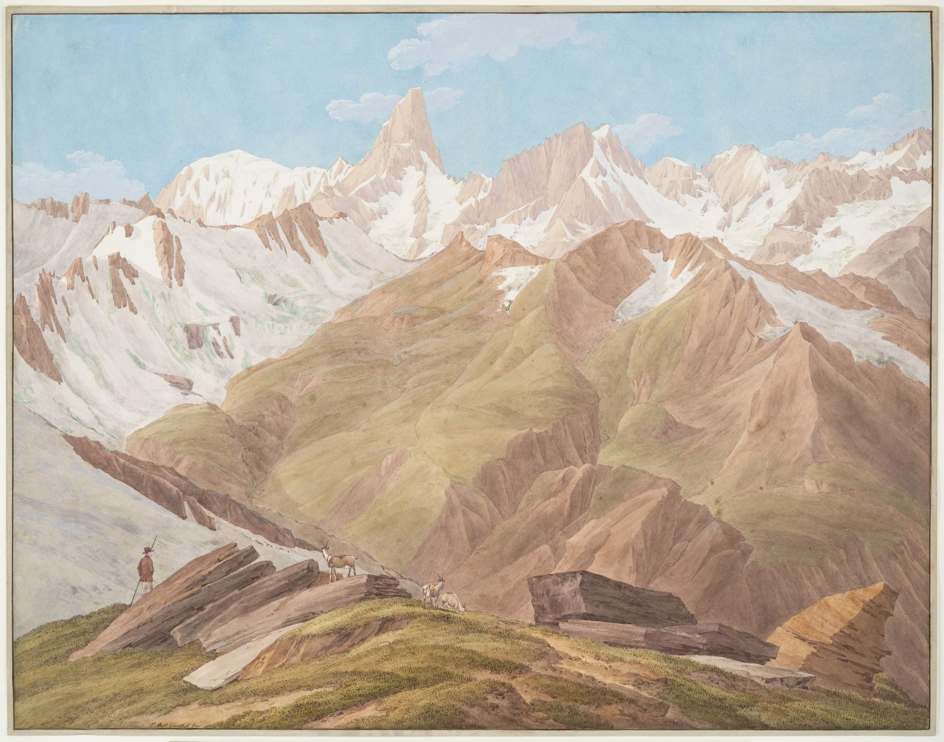View of the Massif of Mont Blanc near the "Petit Jorasse, Grand Jorasse, le Géant" with the "Glaciers des Périades et Jorasse" and the "Glacier de la Venval" as seen from the "Col de Fenêtre près du Gd. St. Bernard" by Jean-Antoine Linck