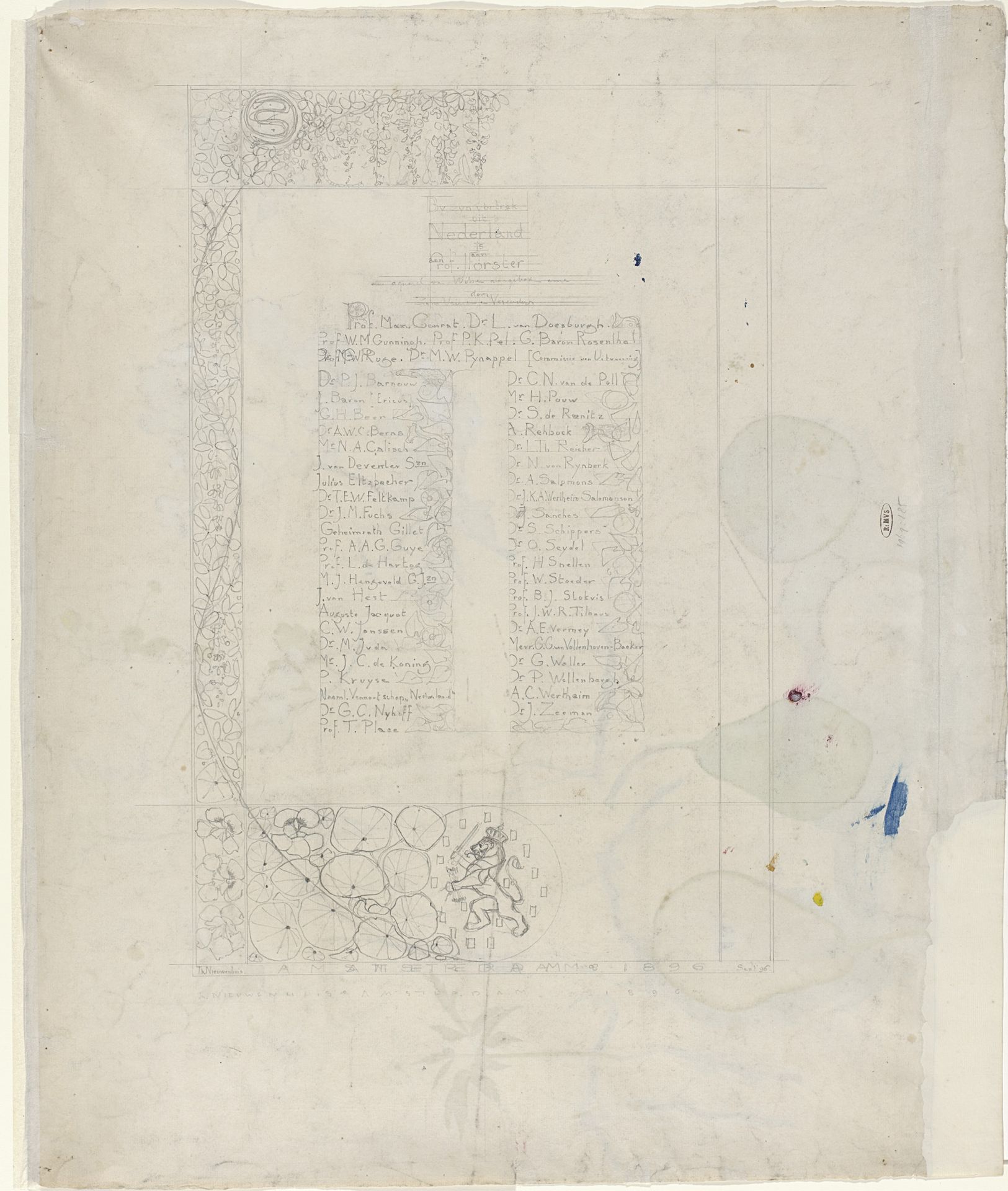 Ontwerp voor een herinneringsblad voor prof. J. Forster, bij zijn vertrek uit Nederland in 1896 by Theo Nieuwenhuis